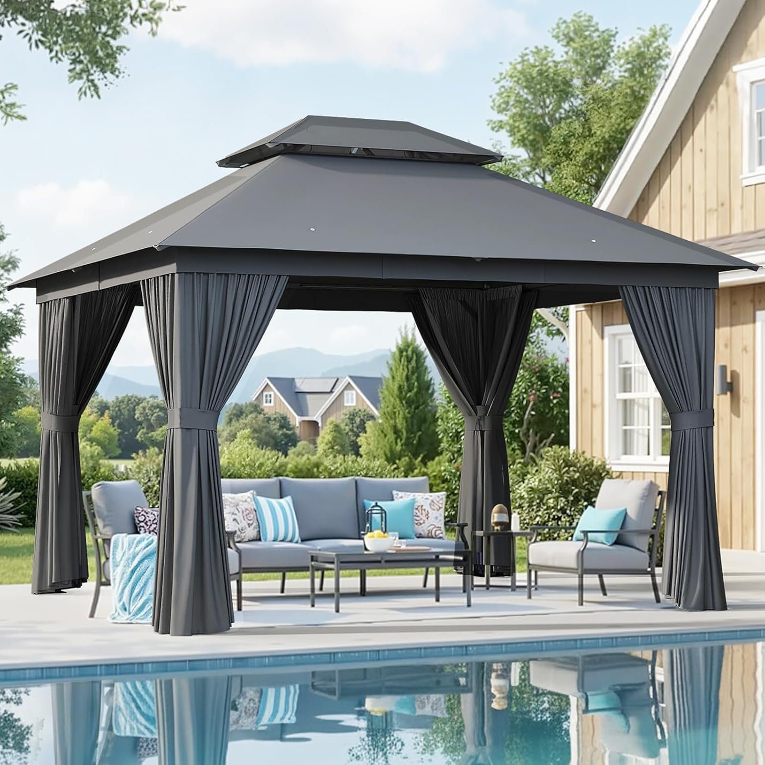 Aoxun Outdoor Gazebo for Patio 10x12, Metal Frame Canopy with Double Roofs wourant