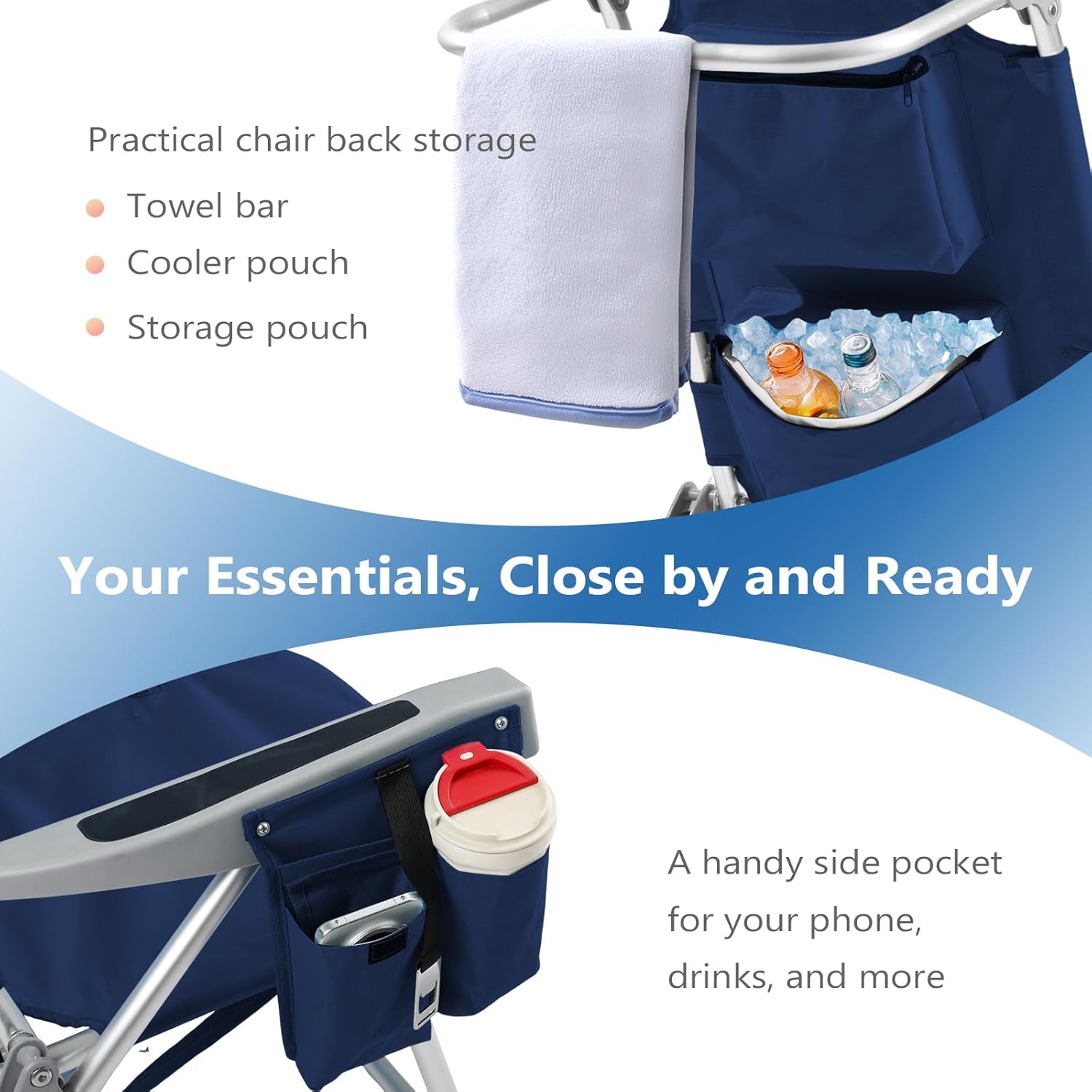 5-Position Aluminum Lay Flat Tall Backpack Beach Chairs 2 Pack Compact Portable Beach Chairs for Adults with Cooler Pouch, Storage Pouch, Towel Bar, Cup Holder & Phone Holder, Blue Stripe wourant