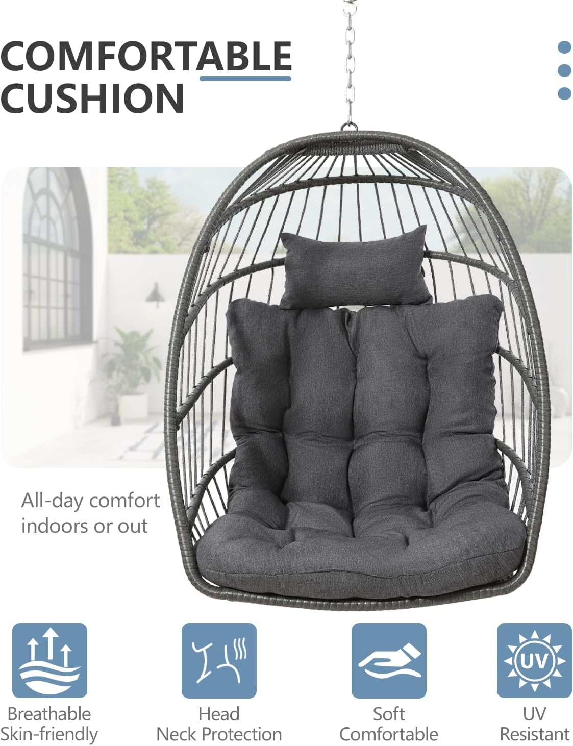 SWITTE Egg Chair Outdoor Indoor Wicker Hanging Egg Swing Chair 350lbs Capacity for Patio wourant