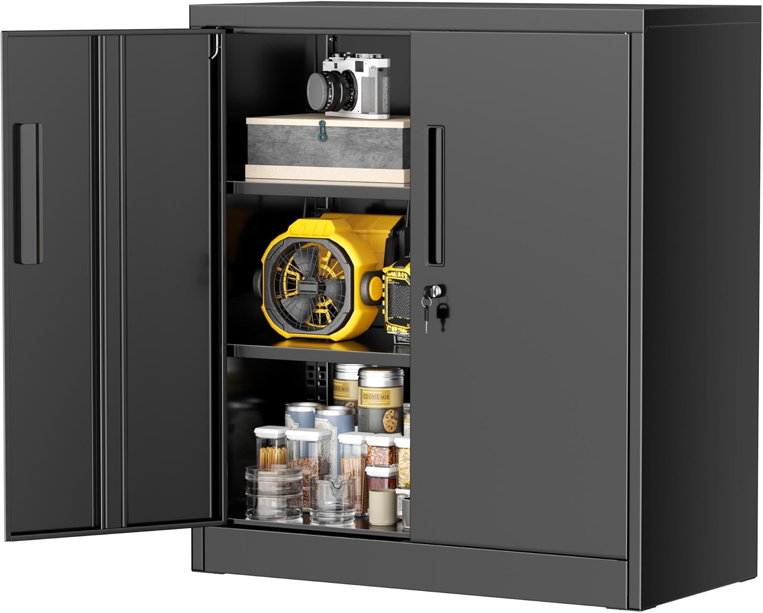 Greenvelly Metal Storage Cabinet, 72" Black Locking Metal Cabinet with 2 Doors and 4 Adjustable Shelves, Lockable Garage Storage Cabinets for Home Office, Garage, Kitchen, Living Room wourant