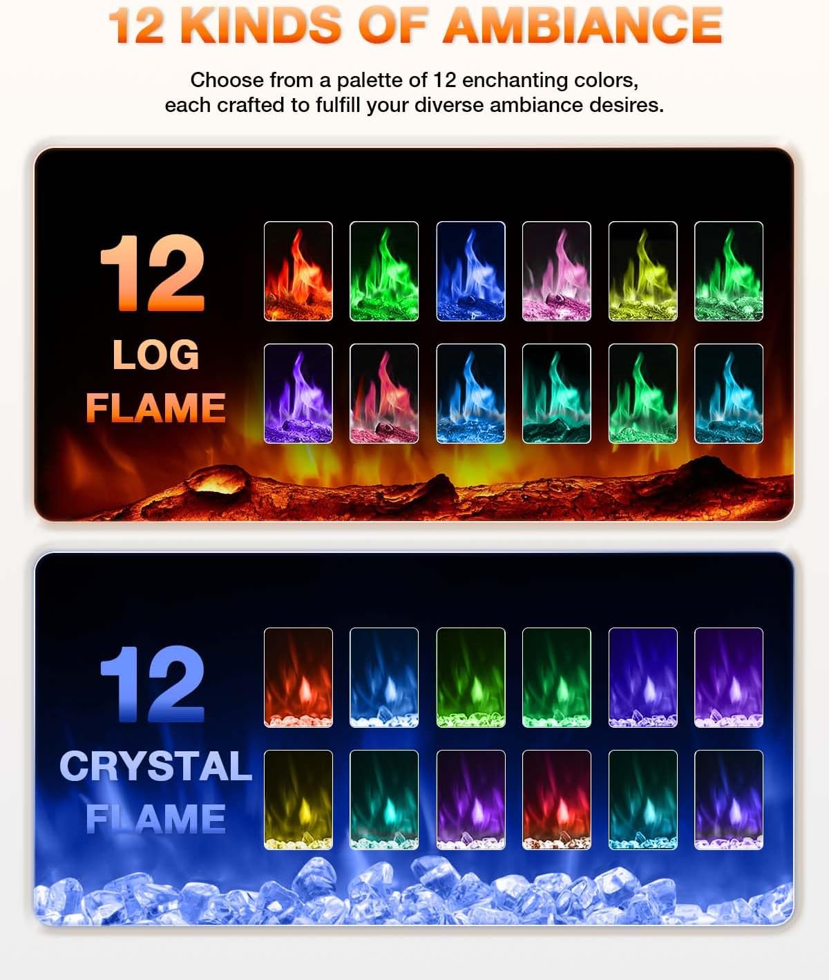 Electric Fireplace 60Inch,Wall Mounted Electric Fireplace Heater with Timer Inserts，TV Stand Touch Screen and Realistic Flame,Log Set,Crystal Flames 750 to 1500W，Remote for Living Room wourant