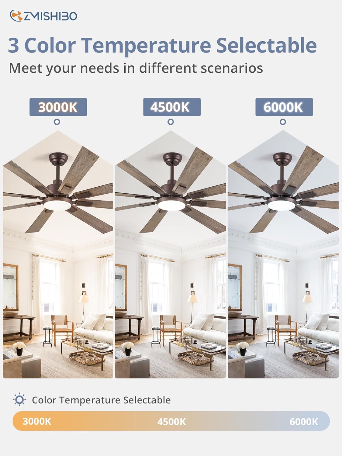 ZMISHIBO 72 inch Large Ceiling Fans with Lights and Remote, Indoor/Outdoor Black Modern Ceiling Fan for Kitchen Living Room Patio, 6 Speed Reversible Quiet DC Motor, 3 CCT, Dual Finish 8 Blades wourant