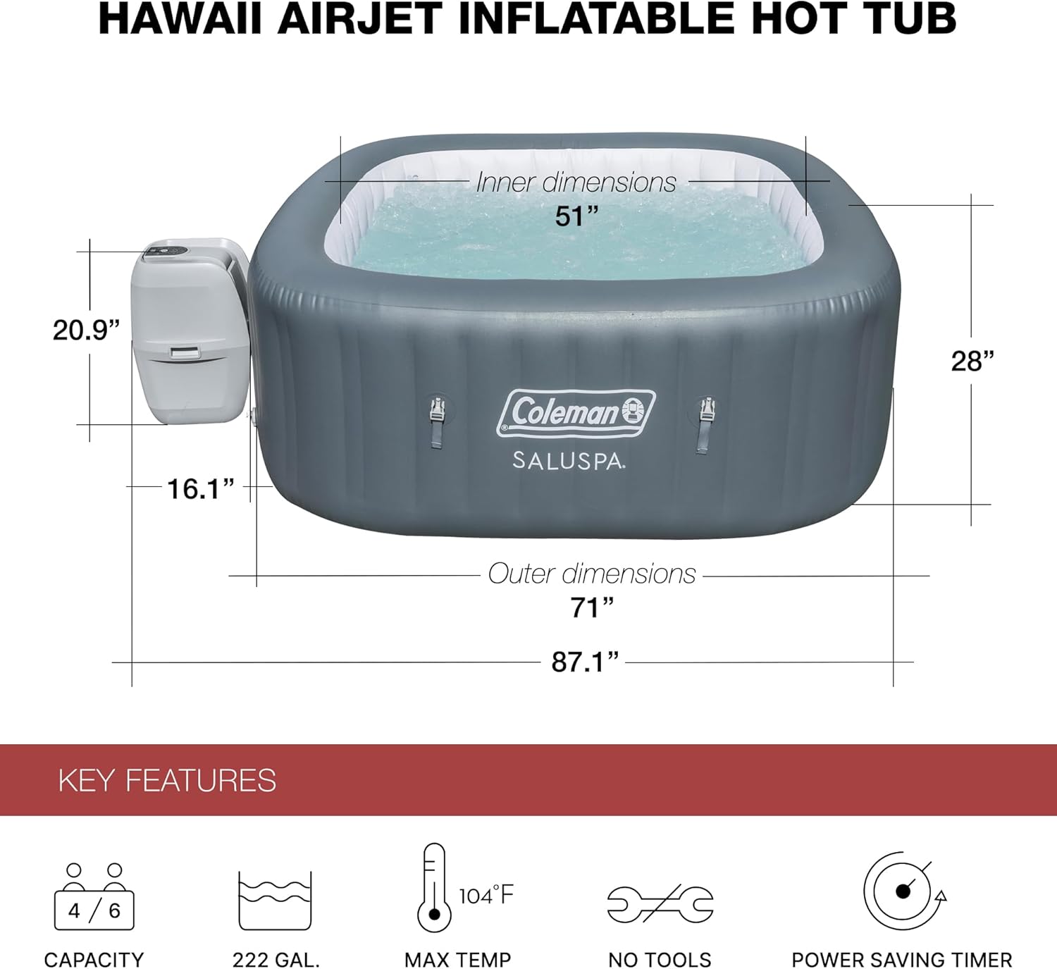 Coleman SaluSpa Atlantis AirJet 4 to 6 Person Inflatable Hot Tub Square Portable Outdoor Spa with 140 Soothing Jets with Cover, Blue wourant