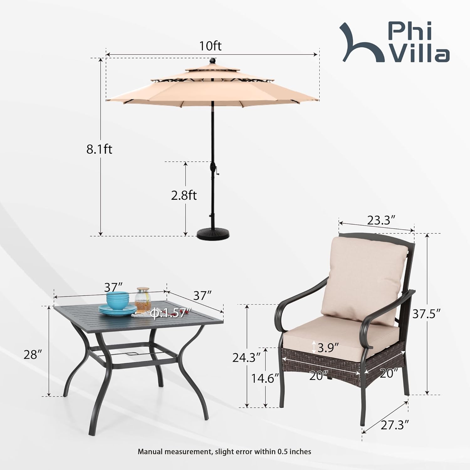 PHI VILLA 6-Piece Outdoor Dining Sets, All-Weather Patio Table and Chairs Set with Umbrella for 4, Heavy Duty Patio Round Table Set for Deck, 4 Extra Large Outdoor Swivel Chairs with Thick Cushions wourant