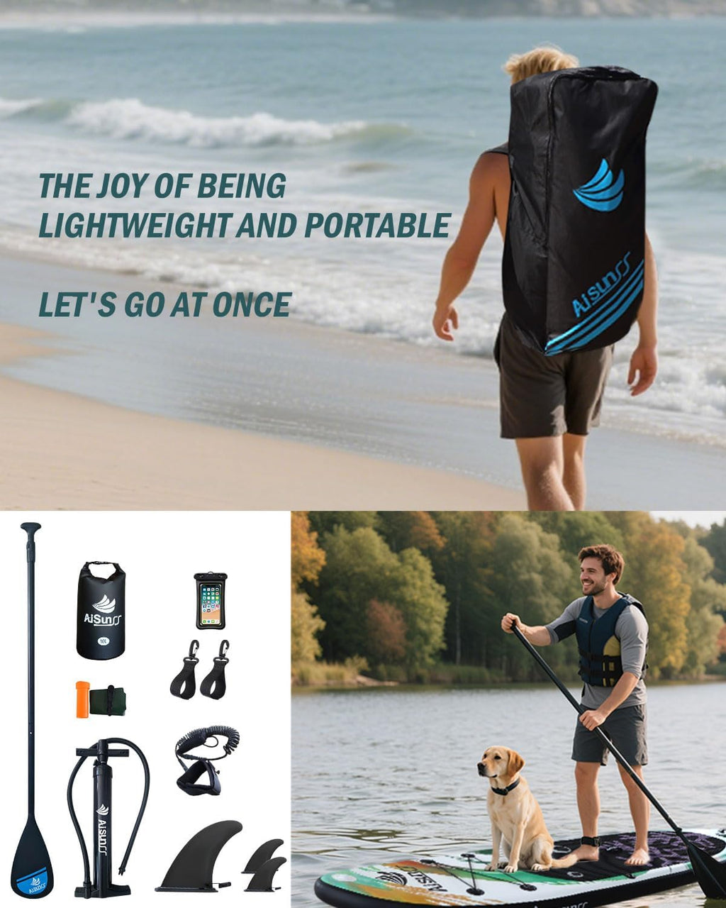 Inflatable wide SUP board with SUP carrying bag, hand pump, 10L waterproof bag and adjustable paddle wourant