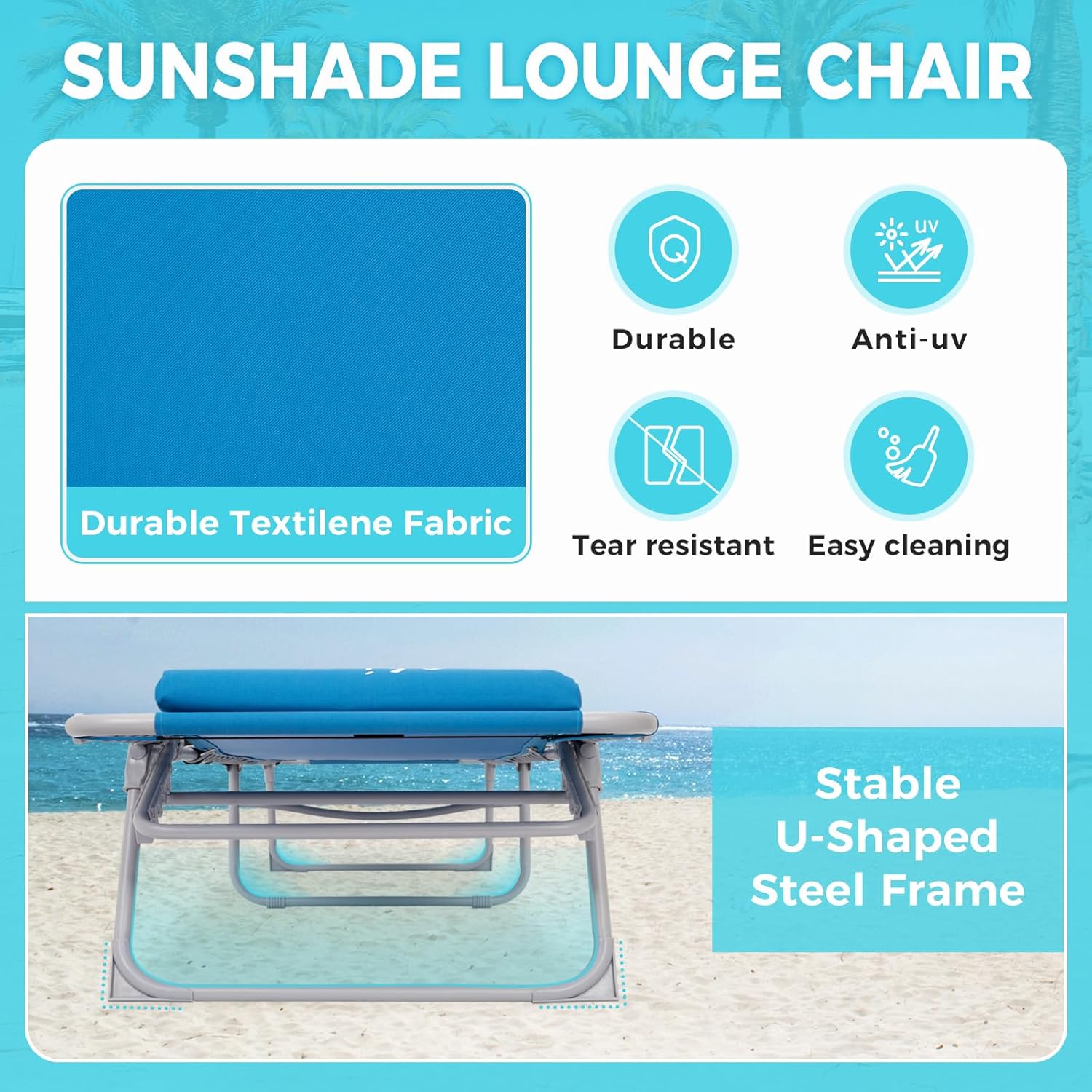 2 Pack Outdoor Chaise Lounge Chair - Portable Folding Patio Pool Lounge Chair, 5 Positions Adjustable Reclining Camping Chair with Side Table,Shoulder Strap, Pillow for Beach Sunbathing Lawn wourant