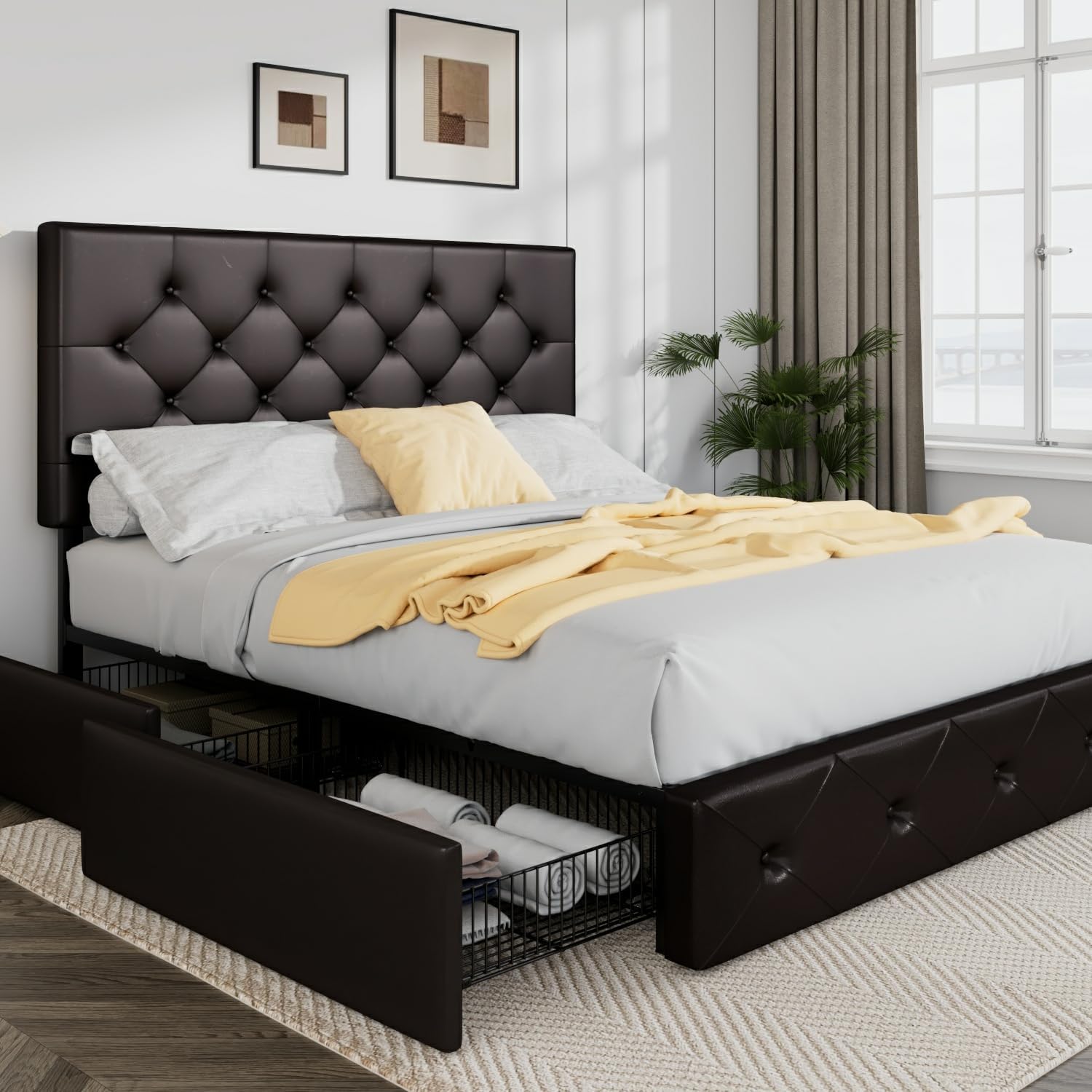 Allewie Upholstered Queen Size Platform Bed Frame with 4 Storage Drawers and Headboard wourant