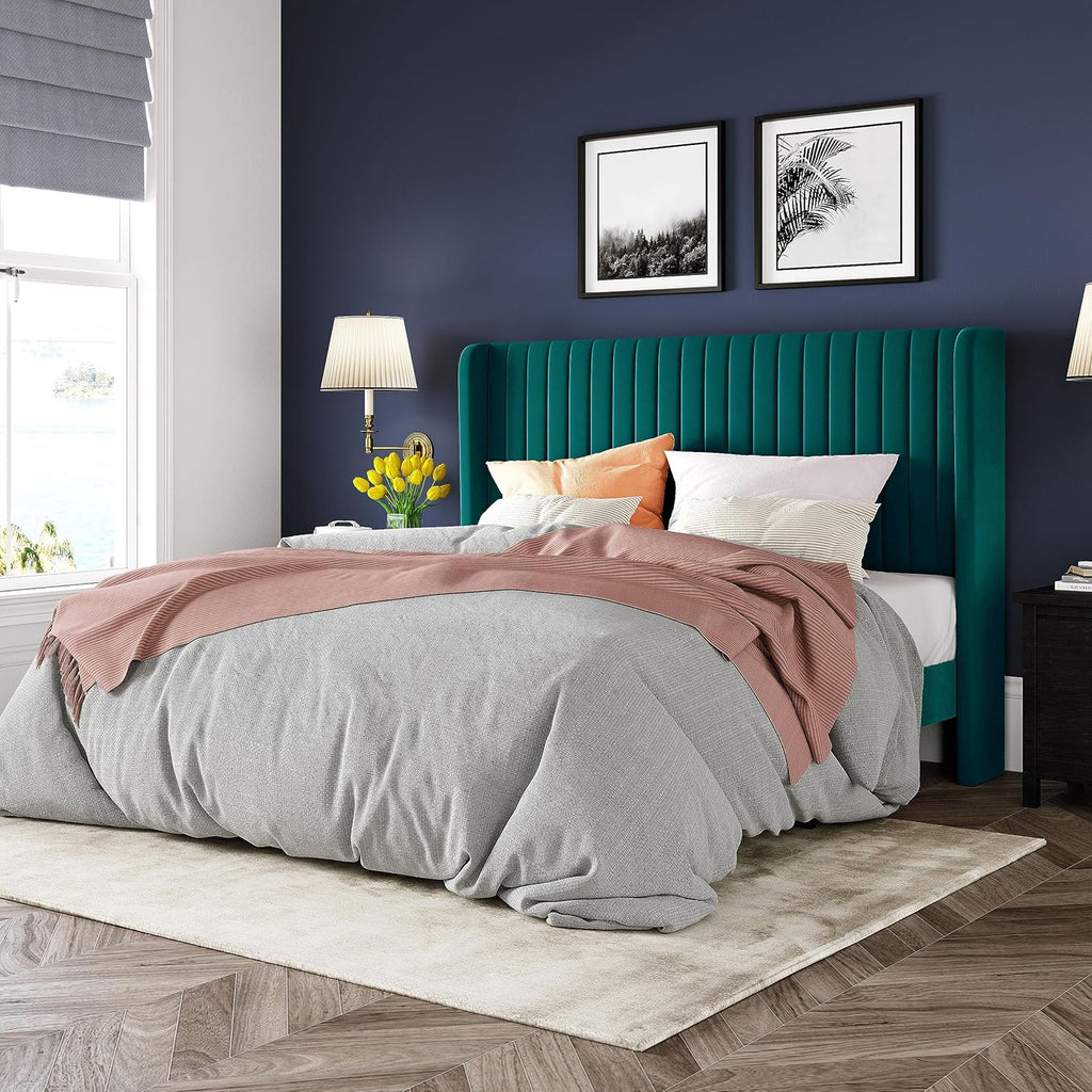 Allewie Full Size Velvet Bed Frame Vertical Channel Tufted Wingback Headboard Upholstered Bed wourant