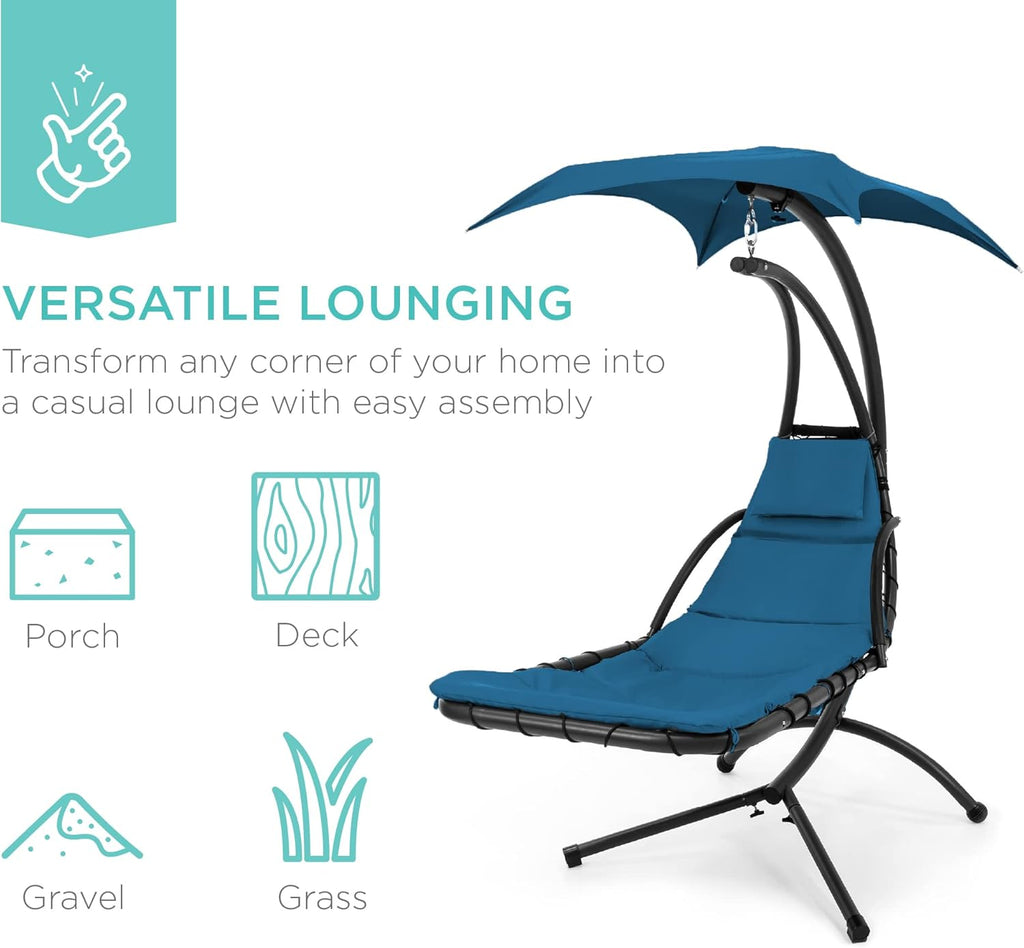 Best Choice Products Outdoor Hanging Curved Steel Chaise Lounge Chair Swing w/Built-in Pillow and Removable Canopy - Charcoal Gray wourant