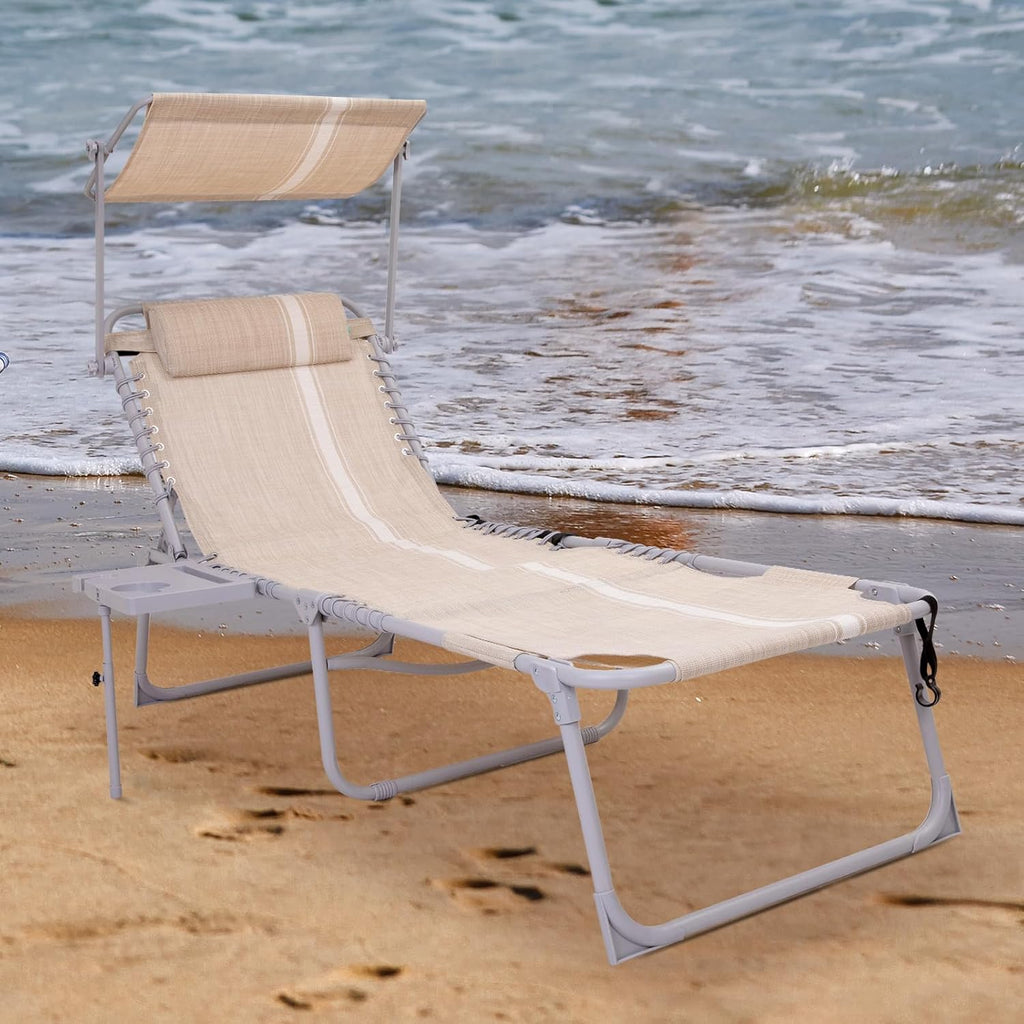 2 Pack Outdoor Chaise Lounge Chair - Portable Folding Patio Pool Lounge Chair, 5 Positions Adjustable Reclining Camping Chair with Side Table,Shoulder Strap, Pillow for Beach Sunbathing Lawn wourant
