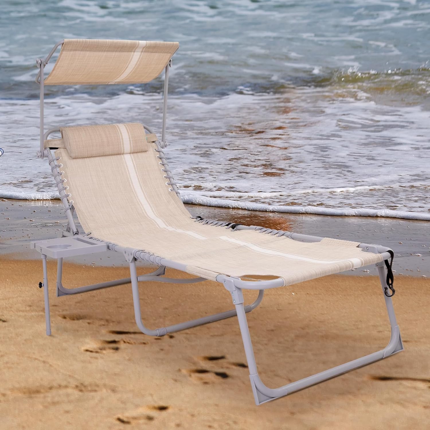 2 Pack Outdoor Chaise Lounge Chair - Portable Folding Patio Pool Lounge Chair, 5 Positions Adjustable Reclining Camping Chair with Side Table,Shoulder Strap, Pillow for Beach Sunbathing Lawn wourant