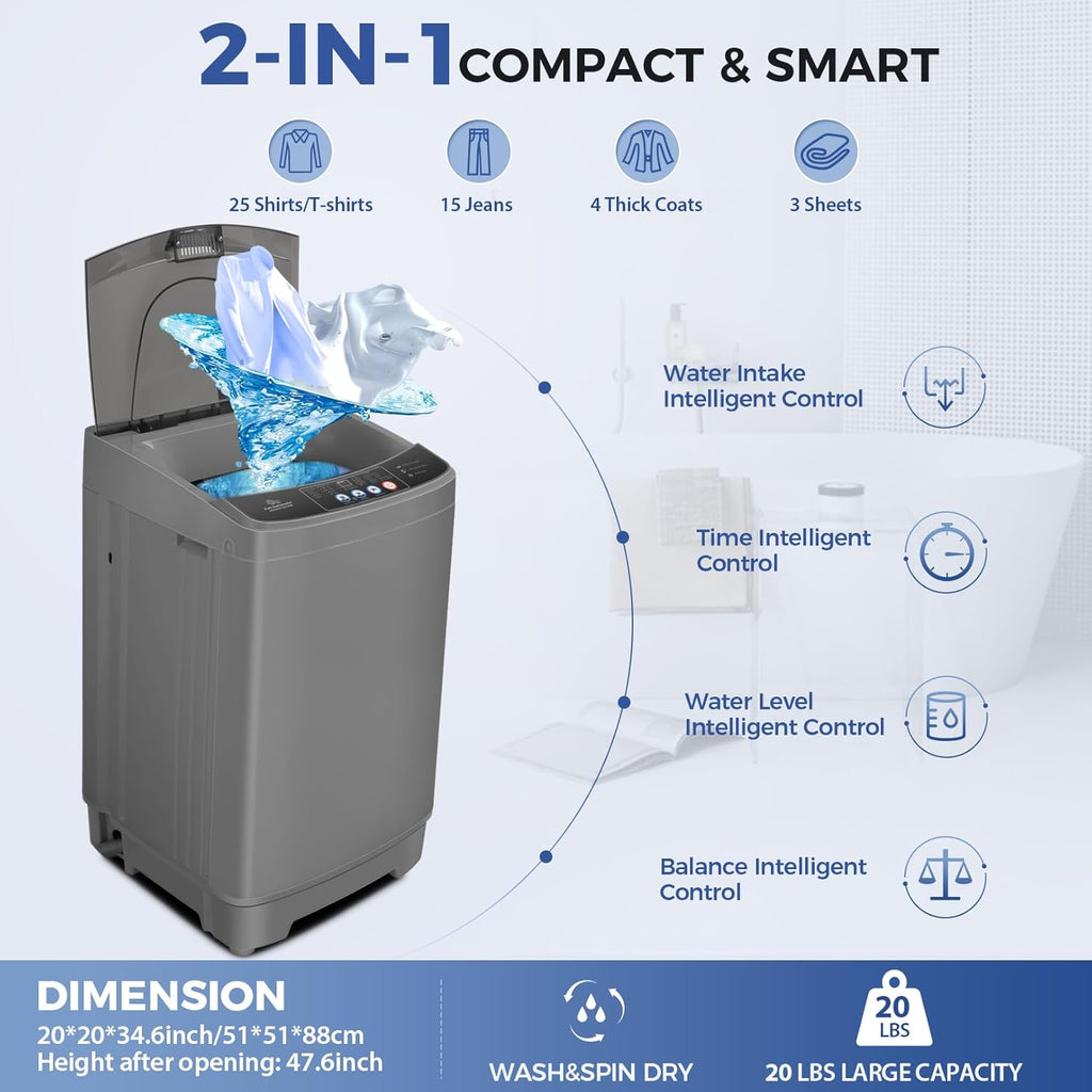 Nictemaw Portable Washing Machine, 20Lbs Capacity Full-Automatic Portable Washer Machine, 2.8Cu.ft Washer and Dryer Combo with Drain Pump, 10 Programs & 8 Water Levels for Apartment, Dorms, RV wourant
