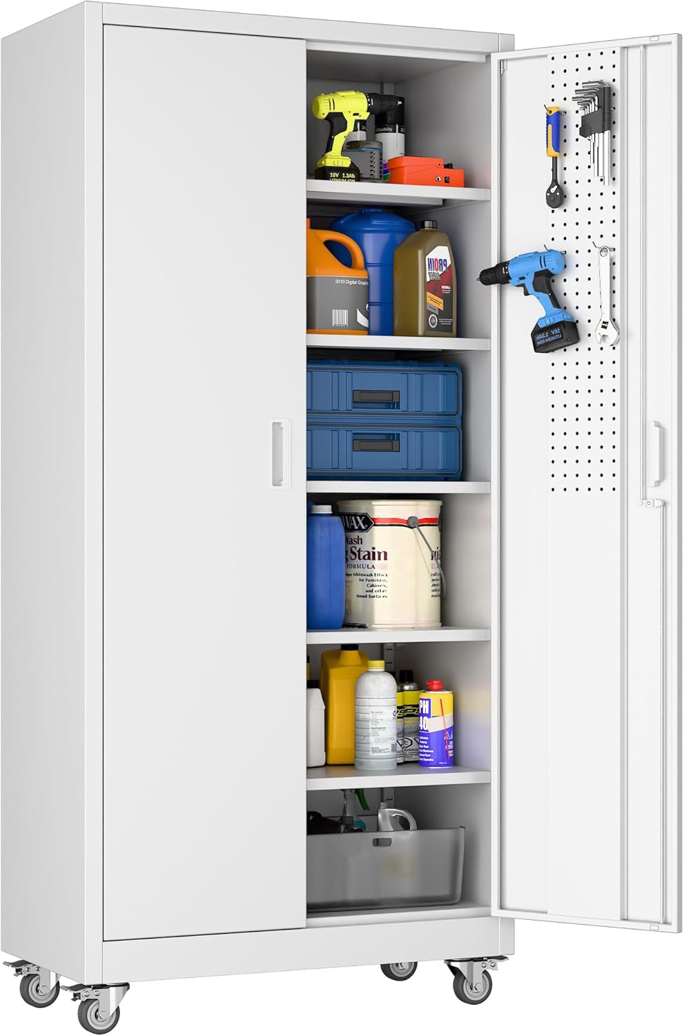 Metal Storage Cabinet with Pegboard 71'' x 34'' x 18'',Lockable Steel Storage Cabinet with 5 Adjustable Shelves and Door for Garage, Office, Kitchen, Assembly Required(Black) wourant