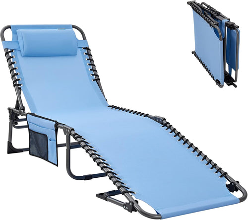 2 Pack Outdoor Chaise Lounge Chair - Portable Folding Patio Pool Lounge Chair, 5 Positions Adjustable Reclining Camping Chair with Side Table,Shoulder Strap, Pillow for Beach Sunbathing Lawn wourant