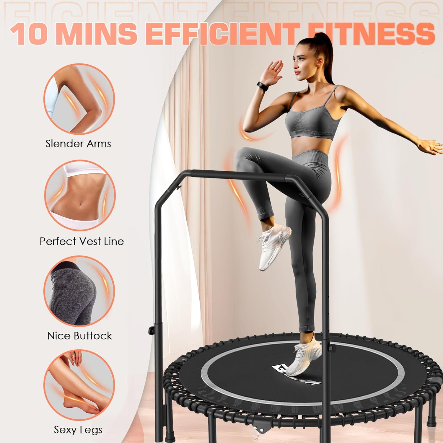 BCAN 450/550 LBS Foldable Mini Trampoline, 40"/48" Fitness Trampoline with Bungees, U Shape Adjustable Foam Handle, Stable & Quiet Exercise Rebounder for Adults Indoor/Outdoor Workout wourant