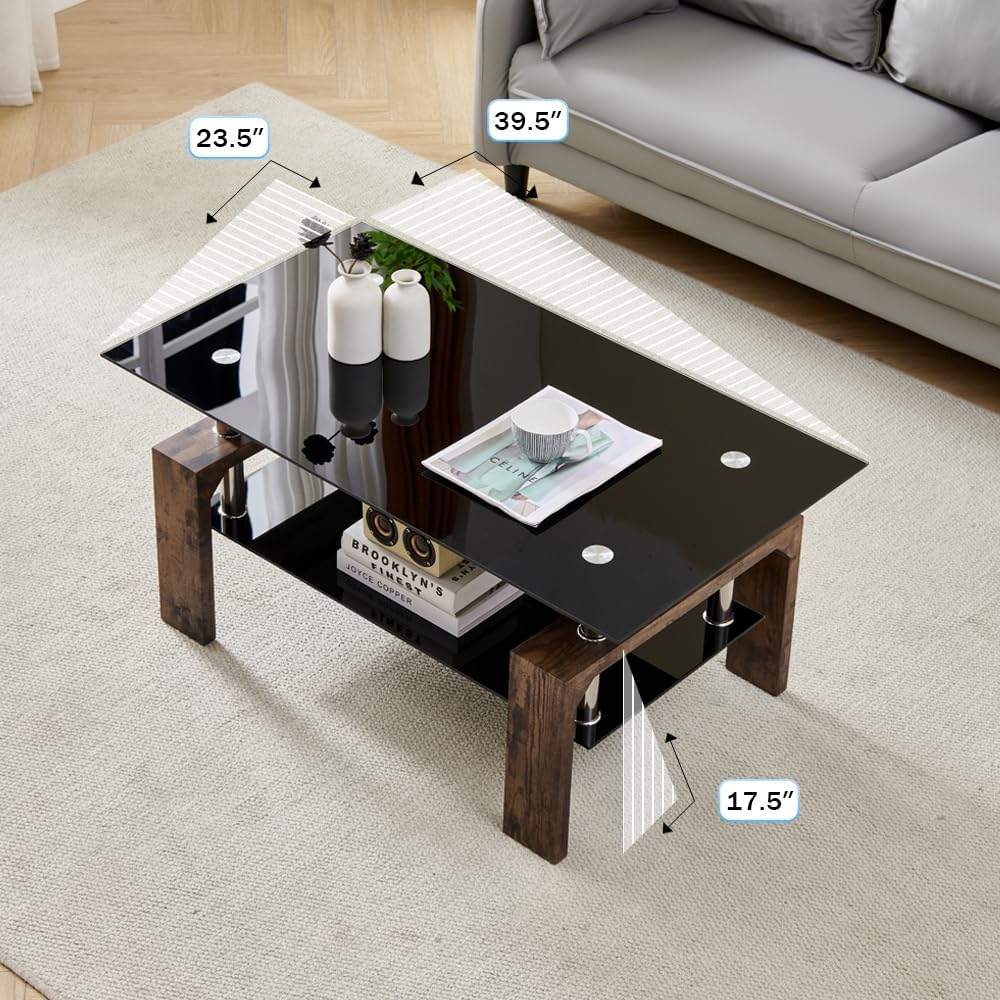 Living Room Rectangle Coffee Table, Tea Table Suitable for Waiting Room, Modern Side Coffee Table with Wooden Leg, Glass Tabletop wourant