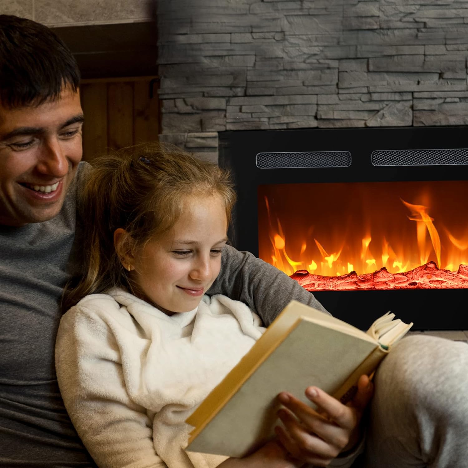 EUHOMY 50 Inch Electric Fireplace Wall Recessed and Wall Mounted with Adjustable Flame Color, Fireplace Heater with Remote Control, Linear Fireplace with Timer, Touch Screen, Log & Crystal, 750/1500W wourant