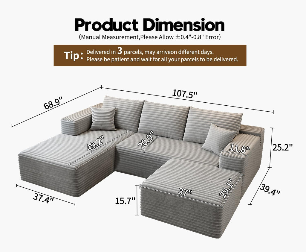 107.5" Cloud Modular Sectional Sofa Couch with L-Shape Chaise,Modern Minimalist Upholstered Couches wourant
