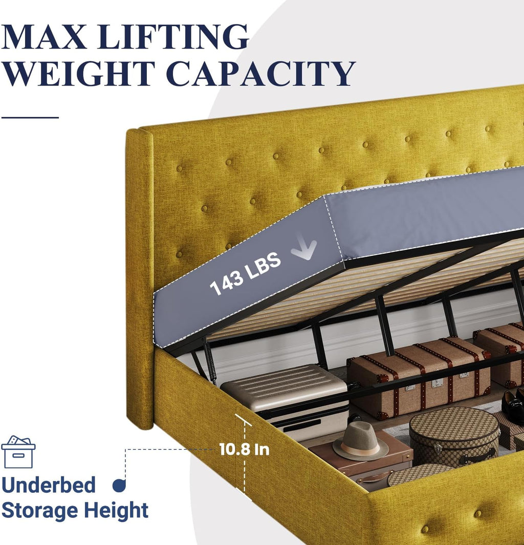 Allewie Queen Size Lift Up Storage Bed Modern Wingback Headboard Hydraulic Support wourant