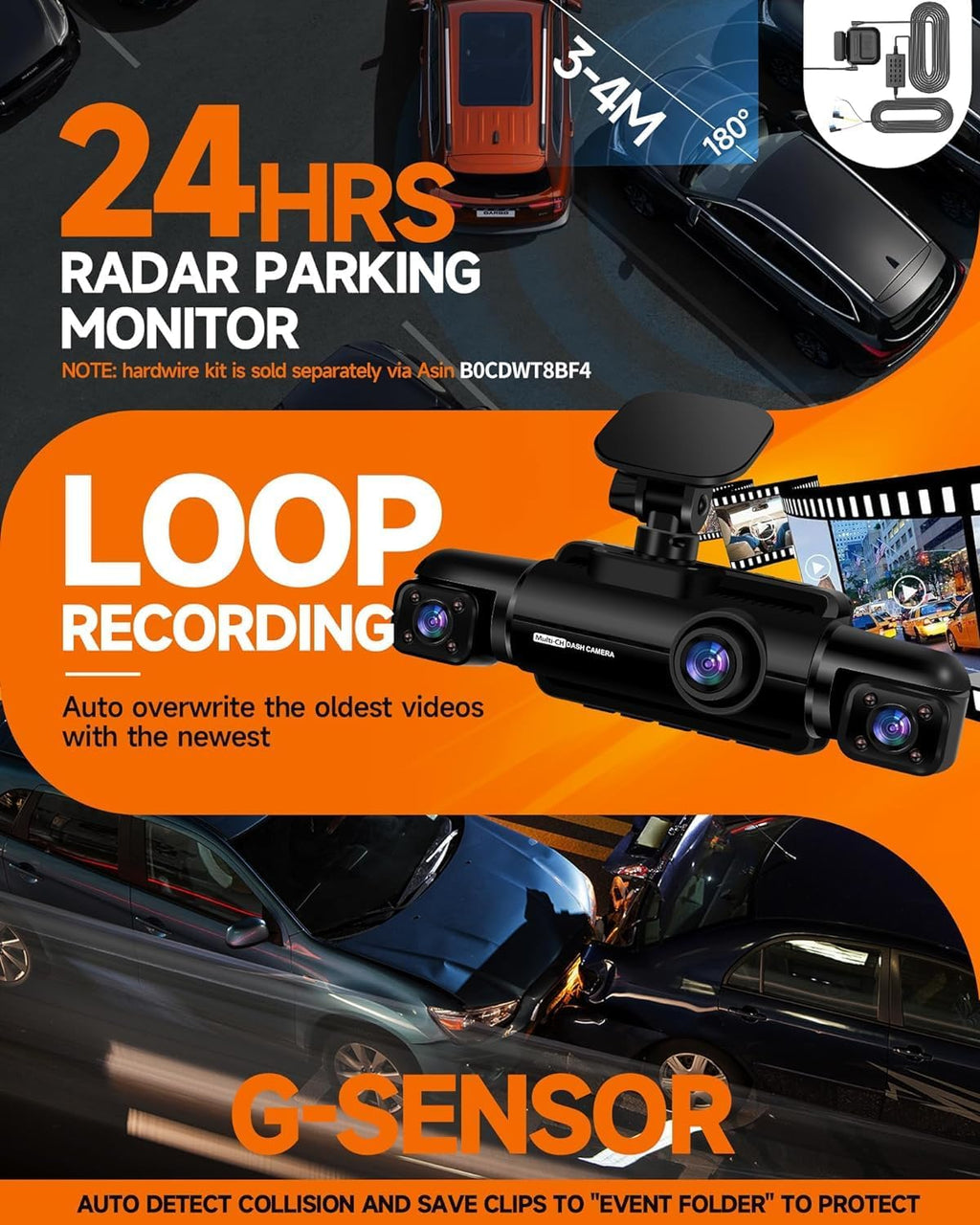 360° Dash Cam 4-Channel FHD 4*1080P Wi-Fi GPS Voice Control Car Camera, Front 2K+1080P*2 Dash Cam, with 64GB SD Card, Night Vision, 24-Hour Parking Mode wourant
