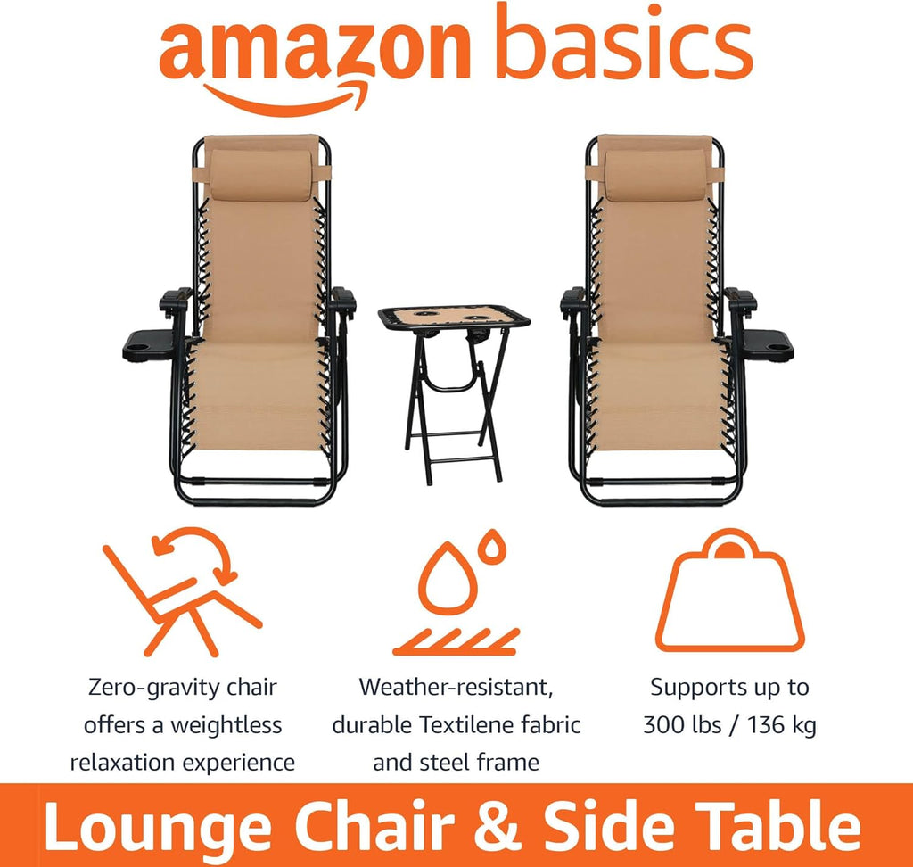 Amazon Basics Outdoor Patio Mesh Adjustable Zero Gravity Lounge Chair Recliners set of 2 with Side Table, 35 x 26 x 43 inches, Beige wourant