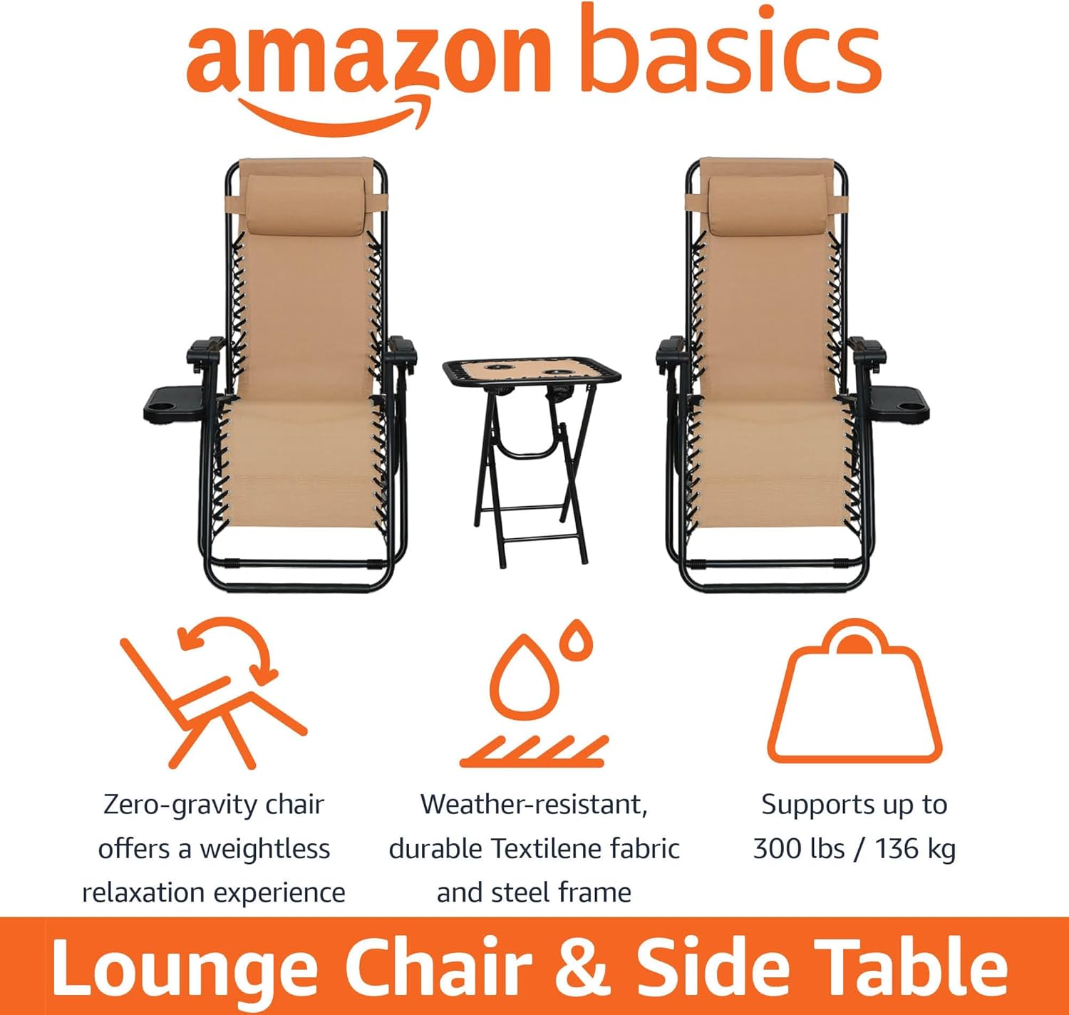 Amazon Basics Outdoor Patio Mesh Adjustable Zero Gravity Lounge Chair Recliners set of 2 with Side Table, 35 x 26 x 43 inches, Beige wourant