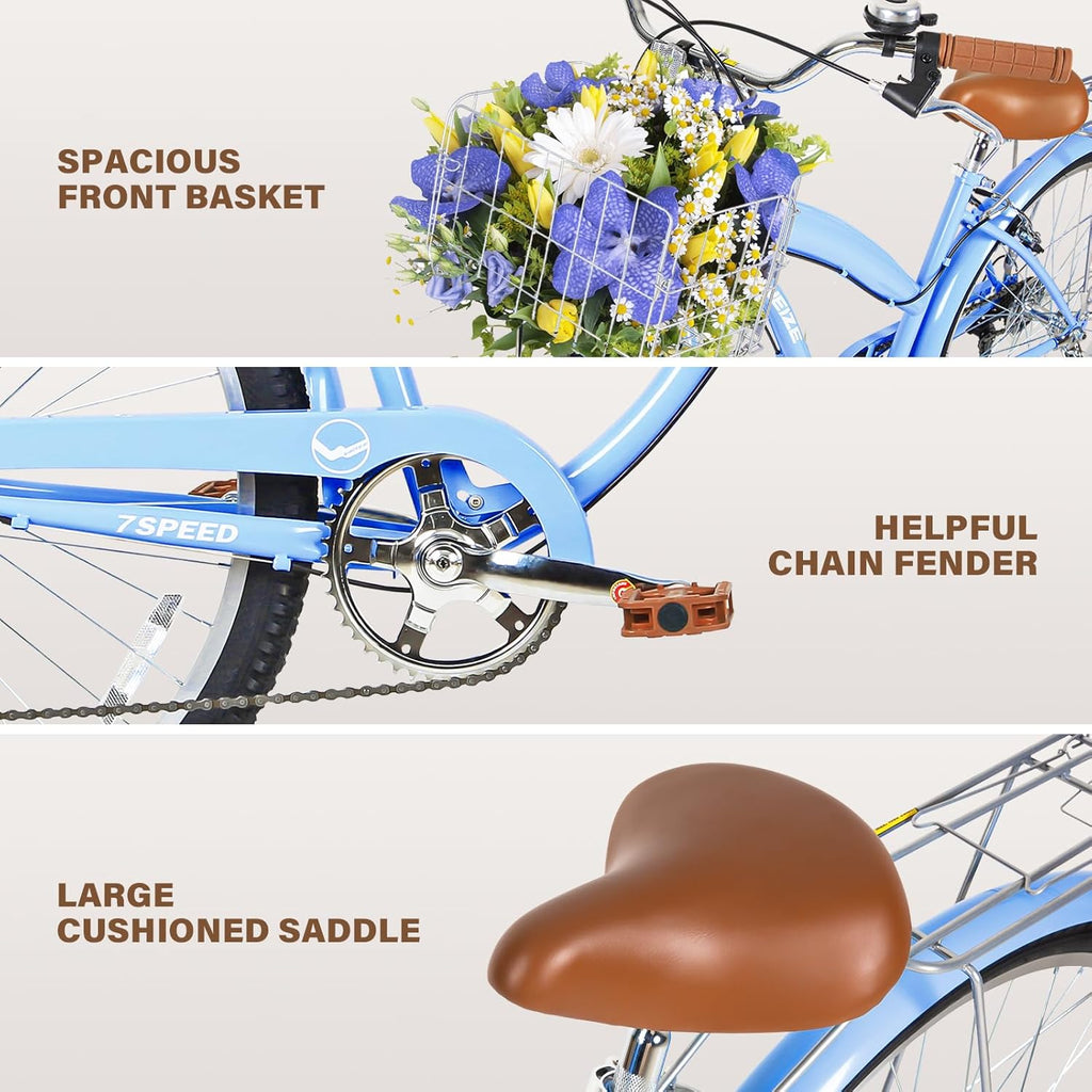 WEIZE Beach Cruiser Bike, 26 inch Commuter Bicycle for Adult Men and Women, 7-Speed/High-Carbon Steel/Front & Rear Fenders, Comfortable City Bikes with Rear Rack or Basket, Ergonomic Upright Design wourant