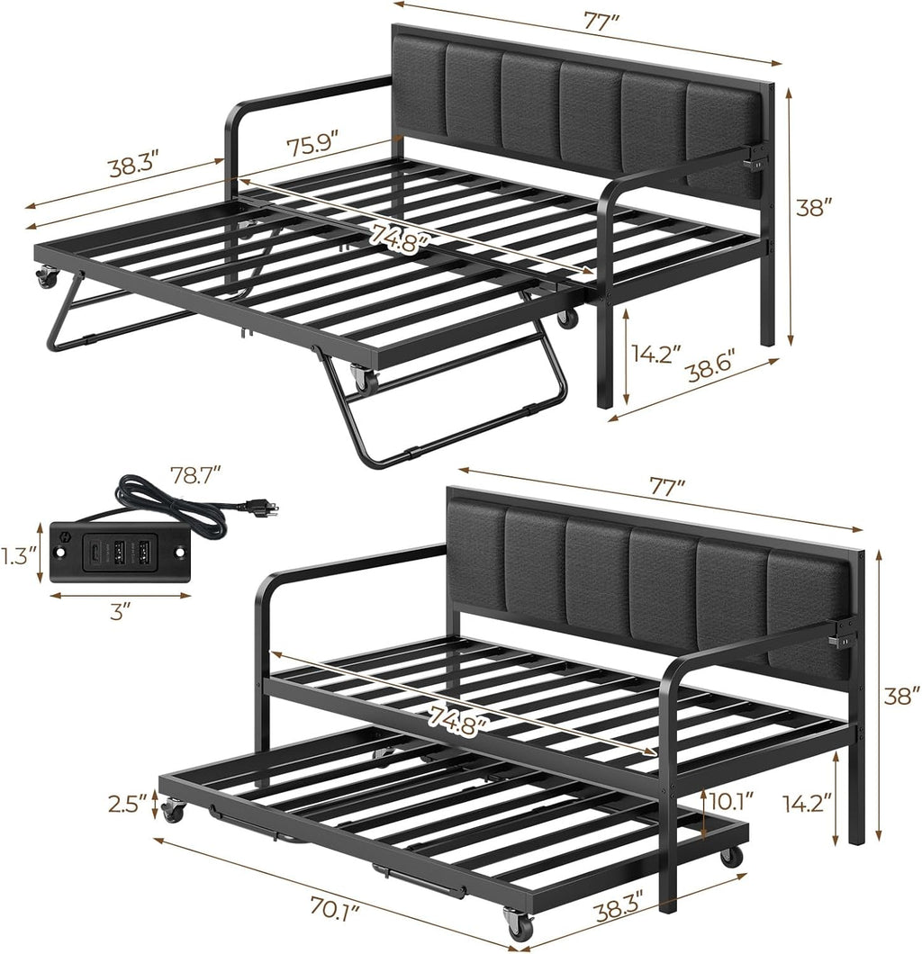 Rolanstar Daybed with Charging Station and LED Lights, Height Adjustable Twin Daybed with Trundle, Metal Sofa Bed Frame with Steel Slat Support wourant