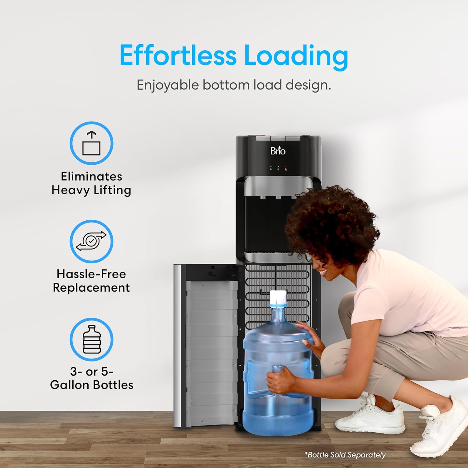 Bottom Loading Water Cooler Dispenser for 5 Gallon Bottles - 3 Temperatures with Hot, Room & Cold Spouts, Child Safety Lock, LED Display with Empty Bottle Alert, Stainless Steel wourant