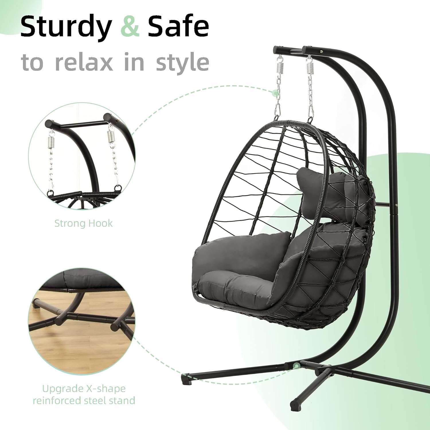 Double Egg Chair Hammock Swing Chair Foldable Hanging Loveseat UV Resistant Cushions wourant
