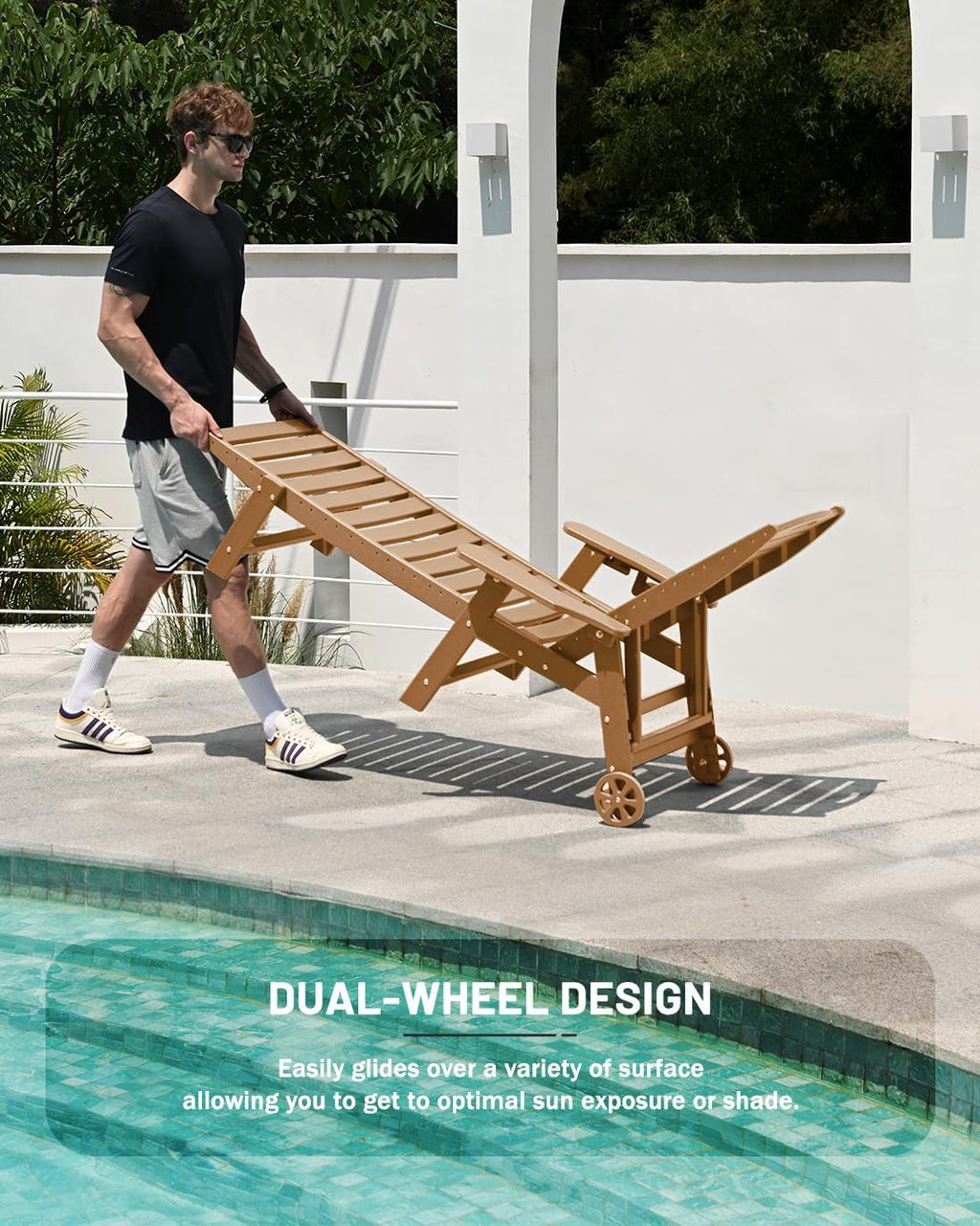 Lounge Chair Outdoor, Chaise Lounge, HDPE 6-Position Outdoor Chaise Lounge, Patio Lounge Chair with Wheels & Cup Holder for Pool Poolside Deck Backyard, Teak wourant