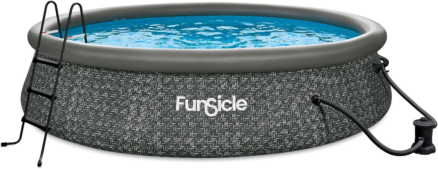 Funsicle 12 Foot by 36 Inch Quickset Round Inflatable Ring Top Outdoor Above Ground Swimming Pool Set with Pump and Cartridge Filter, Dark Herringbone wourant