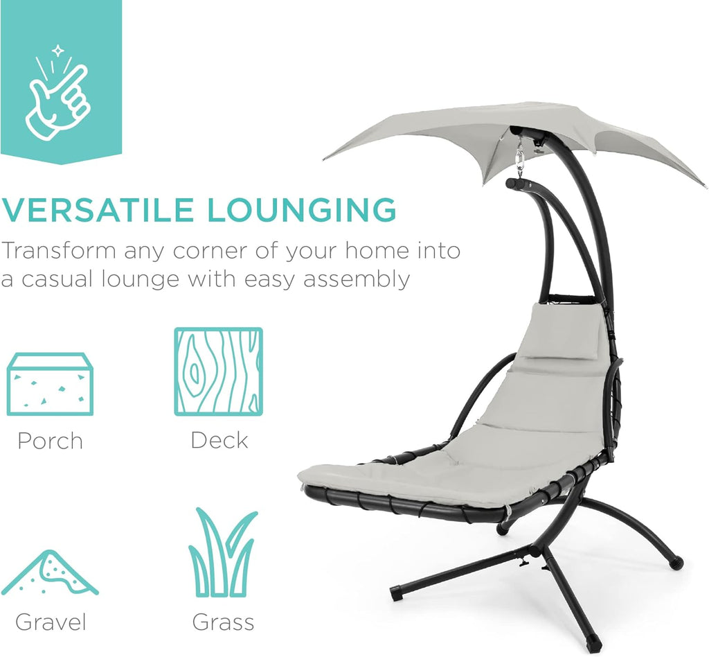 Best Choice Products Outdoor Hanging Curved Steel Chaise Lounge Chair Swing w/Built-in Pillow and Removable Canopy - Charcoal Gray wourant