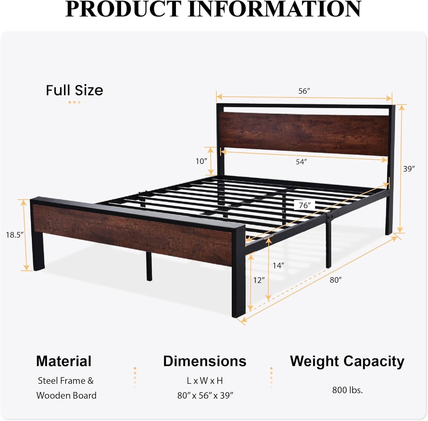 SHA CERLIN 14 Inch Full Size Metal Platform Bed Frame with Wooden Headboard and Footboard wourant