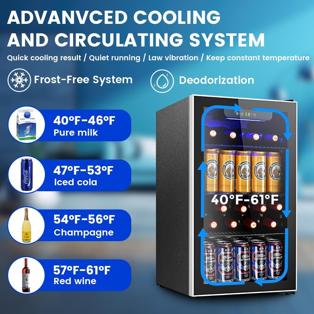 Mini Fridge 130 Can Beverage Refrigerator Cooler, 3.2 Cu.Ft Drink Fridge for Soda Wine Beer, Adjustable Temperature Control for Home Office, Black wourant
