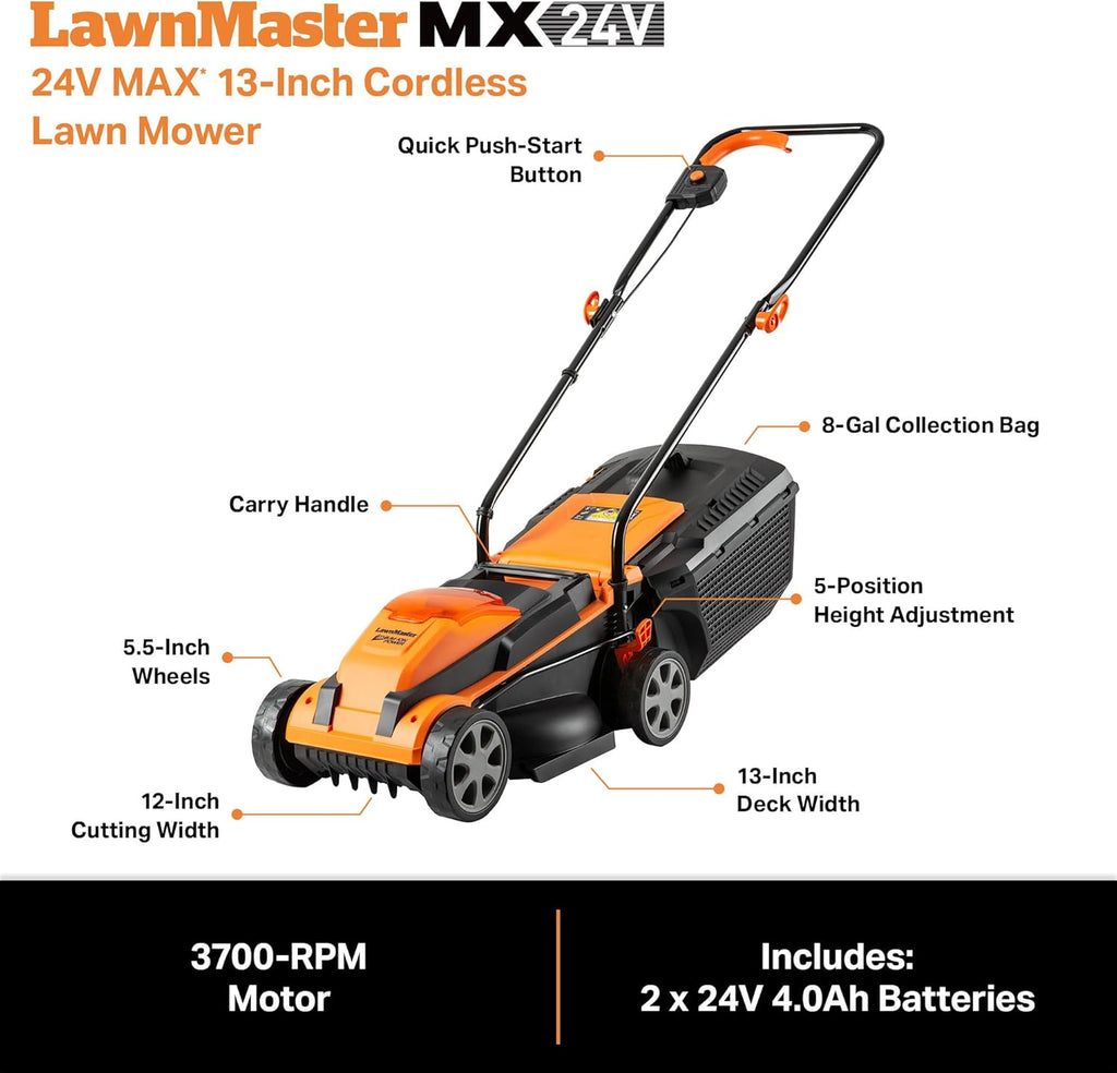 LawnMaster CLM2413A Cordless 13-Inch Lawn Mower 24V Max with 2X4.0Ah Battery and Charger wourant