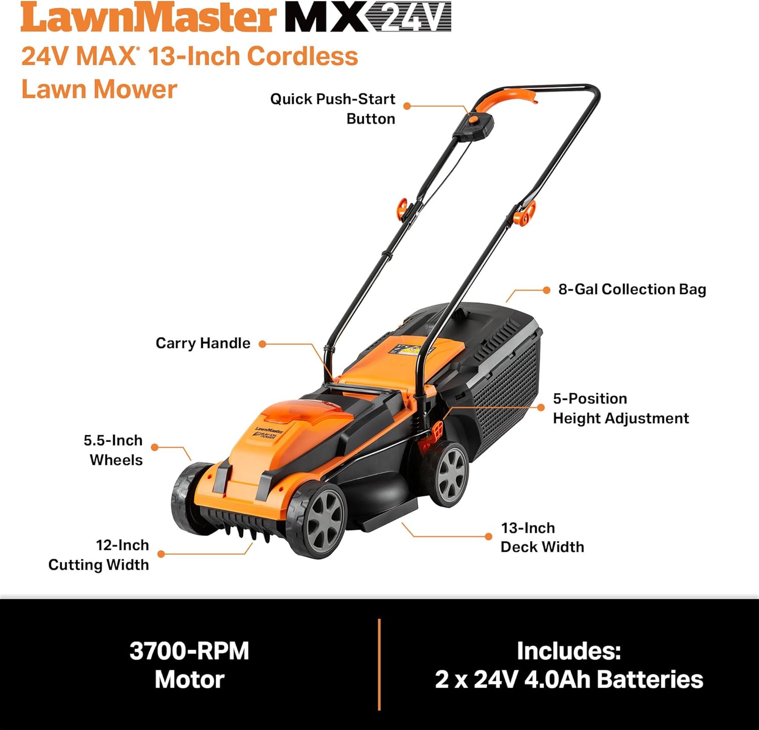 LawnMaster CLM2413A Cordless 13-Inch Lawn Mower 24V Max with 2X4.0Ah Battery and Charger wourant