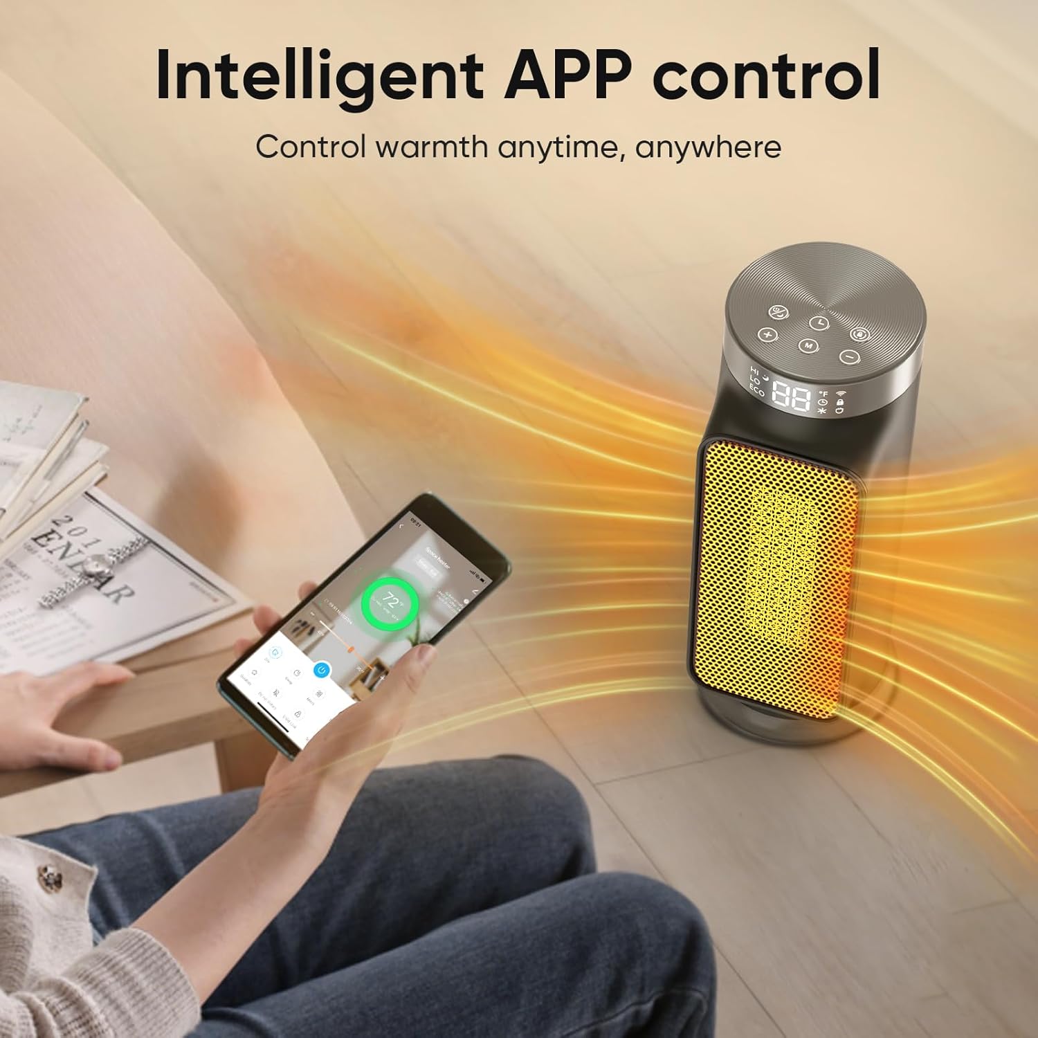 1500W Space Heaters for Indoor Use, Smart PTC Electric Heater with Wifi/App & Remote Control, 24H Timer, 90° Oscillation, Overheat and Tip-Over Protection, 5 Modes for Home Office Bedroom Bathroom wourant