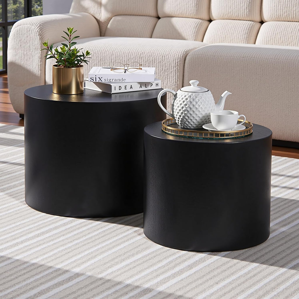 Nesting Coffee Table Set of 2, Modern Round Coffee Table with Non-Slip Feet, Walnut Wooden Circle Accent Tables for Small Spaces Living Room Bedroom Balcony Office Drum Side Table (Walnut) wourant