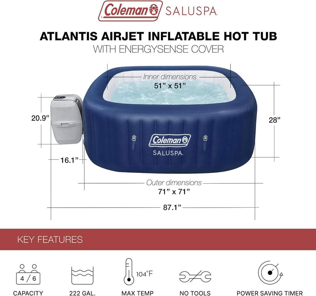 Coleman SaluSpa Atlantis AirJet 4 to 6 Person Inflatable Hot Tub Square Portable Outdoor Spa with 140 Soothing Jets with Cover, Blue wourant
