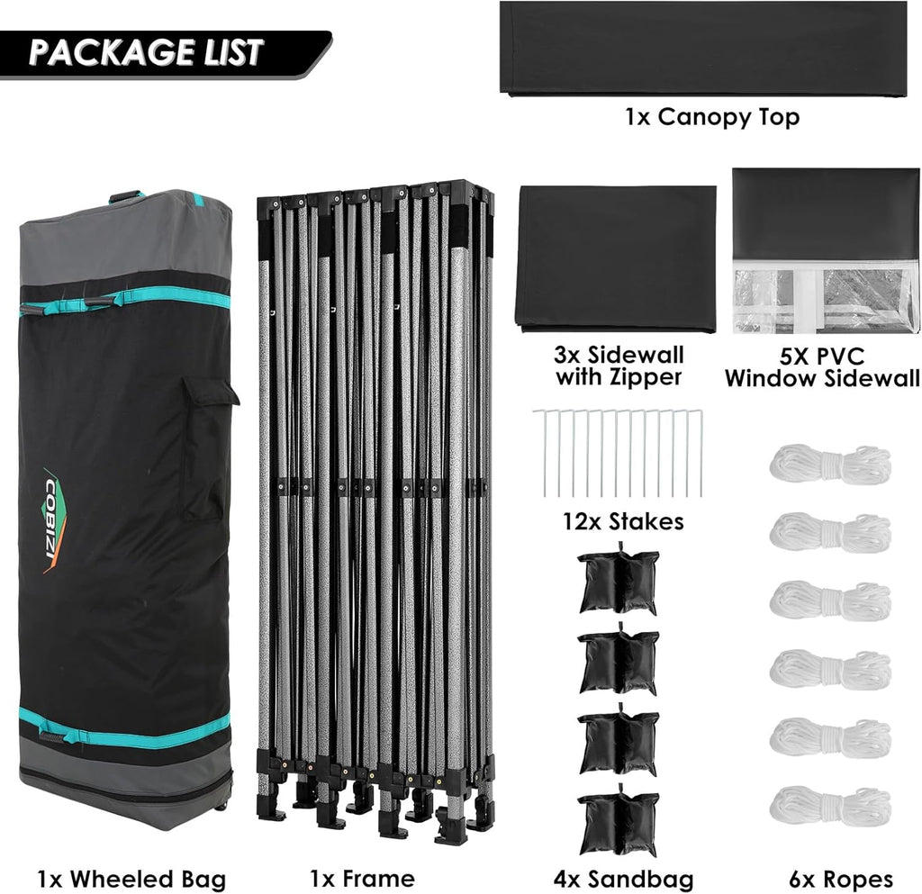 COBIZI 10x20 Heavy Duty Pop up Canopy Tent with 6 sidewalls Easy Up Commercial Outdoor Canopy Wedding Party Tents for Parties All Season Wind & Waterproof Gazebo with Roller Bag,Black(Frame Thickened) wourant