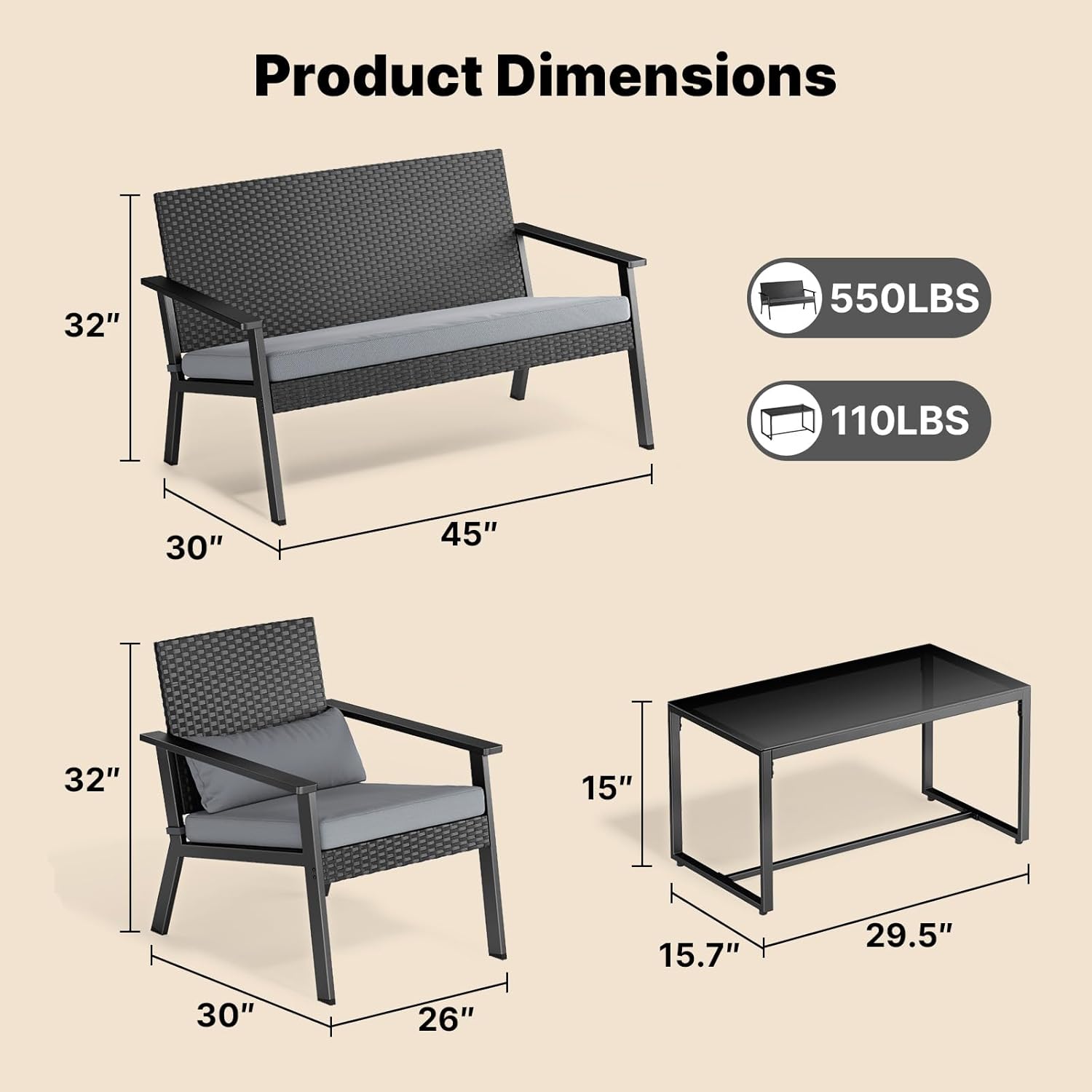 Ahomly 4-Piece Outdoor Wicker Patio Furniture Set with Deep Seating Cushions and Table for Balcony, Backyard, and Porch (Gray) wourant