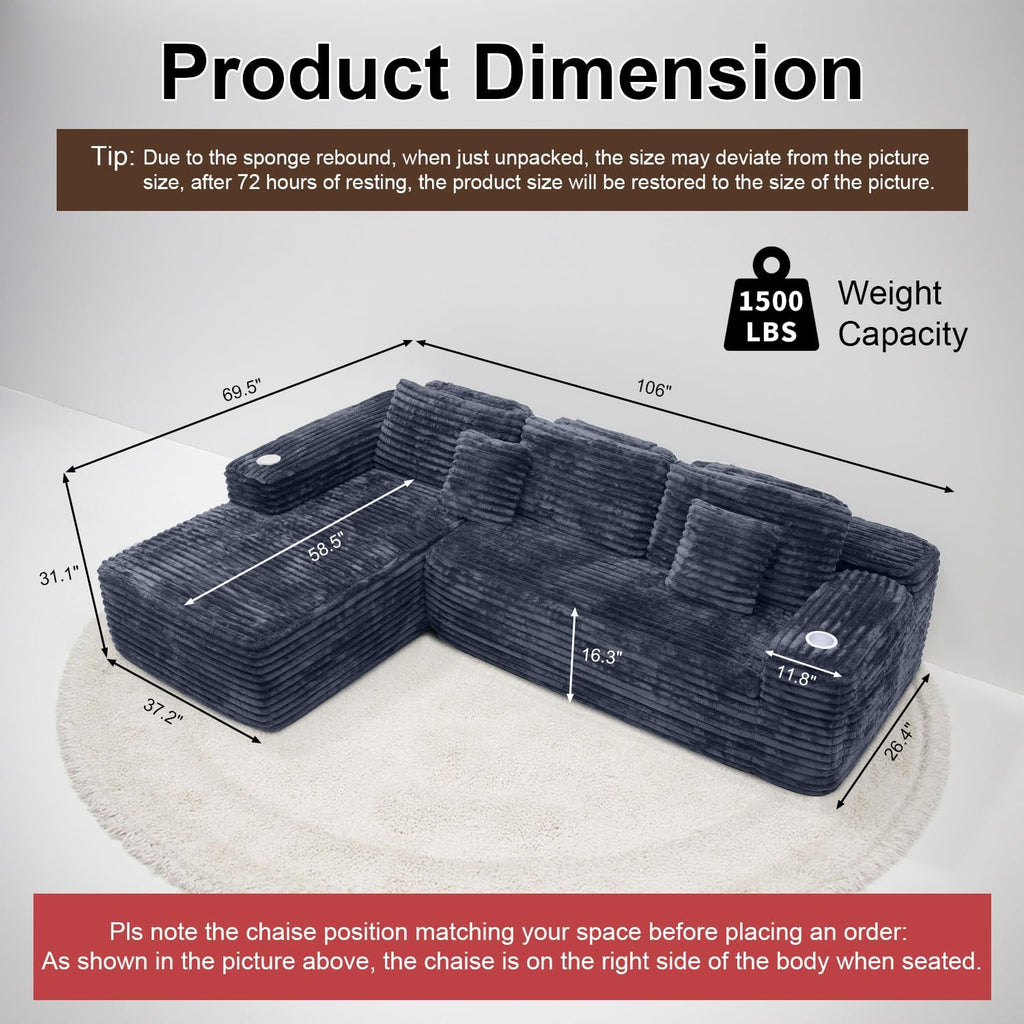 Cloud Sectional Couch with L-Shape Chaise, Modern Modular Sofa with Deep Seat, Built-in Cup Holder & Storage Pocket for Living Room Bedroom, No Assembly Required (Dark Gray, Left Sitting Chaise) wourant
