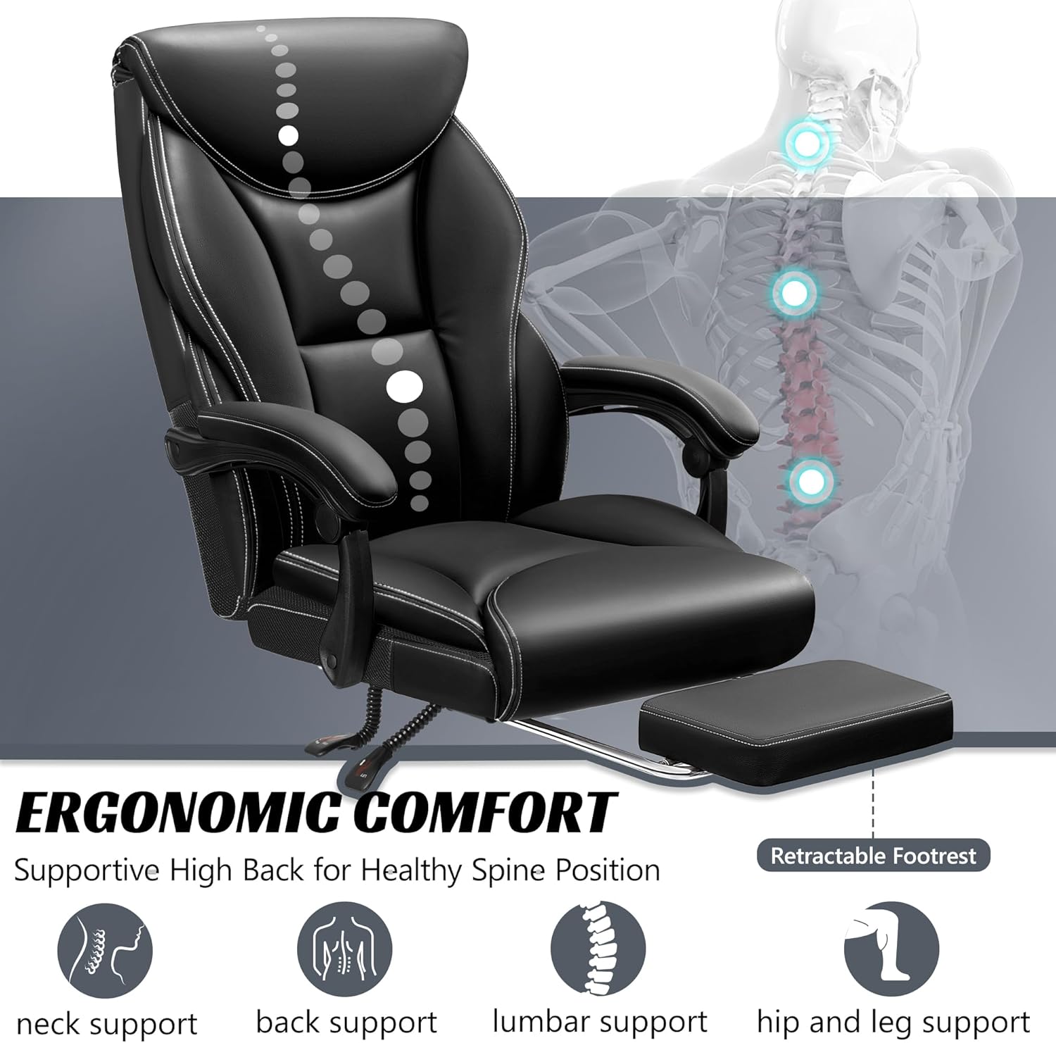 Office Chair Large High-Foot Computer Desk Chair, Breathable Leather Chair Lumbar Support Rotating Computer Chair wourant