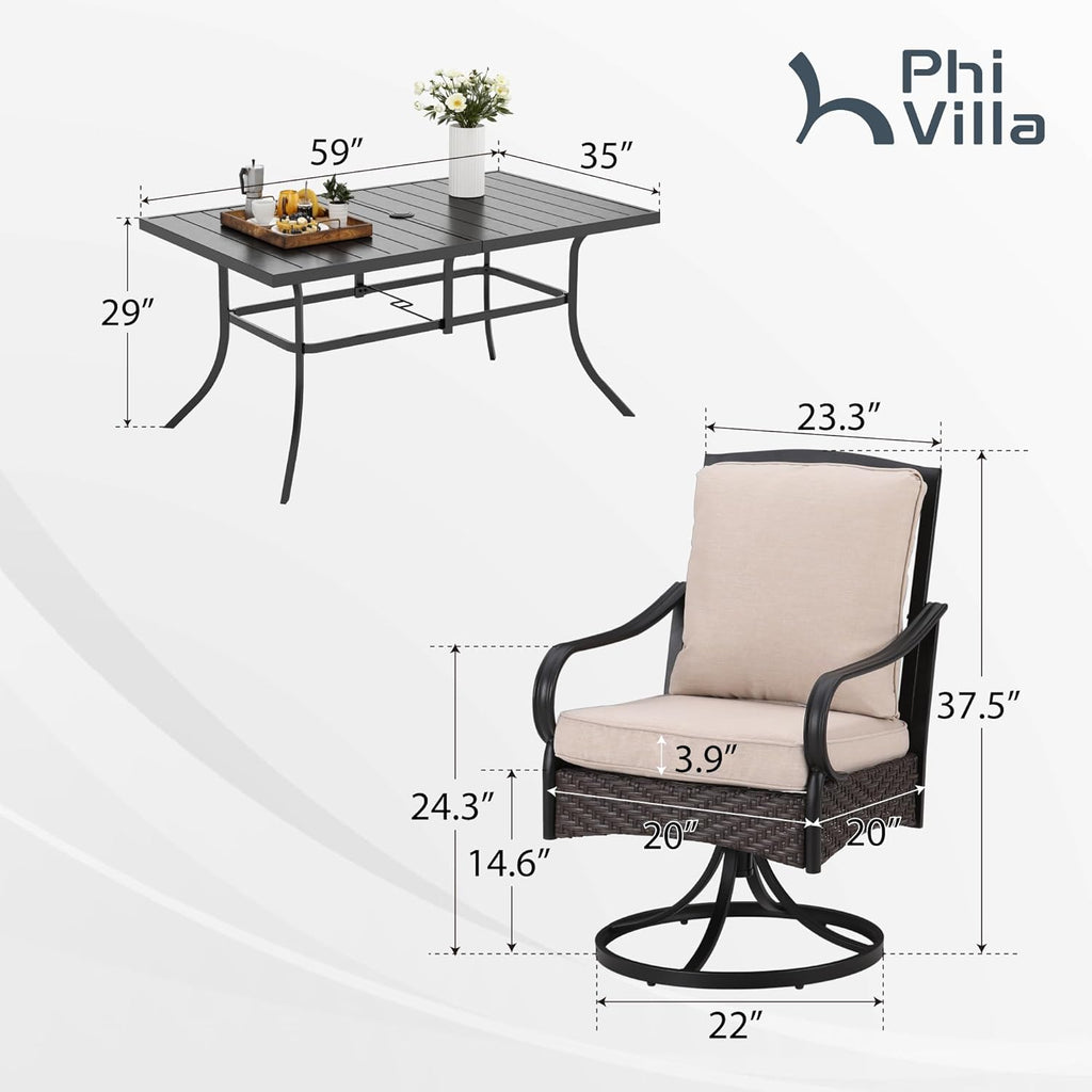 PHI VILLA 6-Piece Outdoor Dining Sets, All-Weather Patio Table and Chairs Set with Umbrella for 4, Heavy Duty Patio Round Table Set for Deck, 4 Extra Large Outdoor Swivel Chairs with Thick Cushions wourant