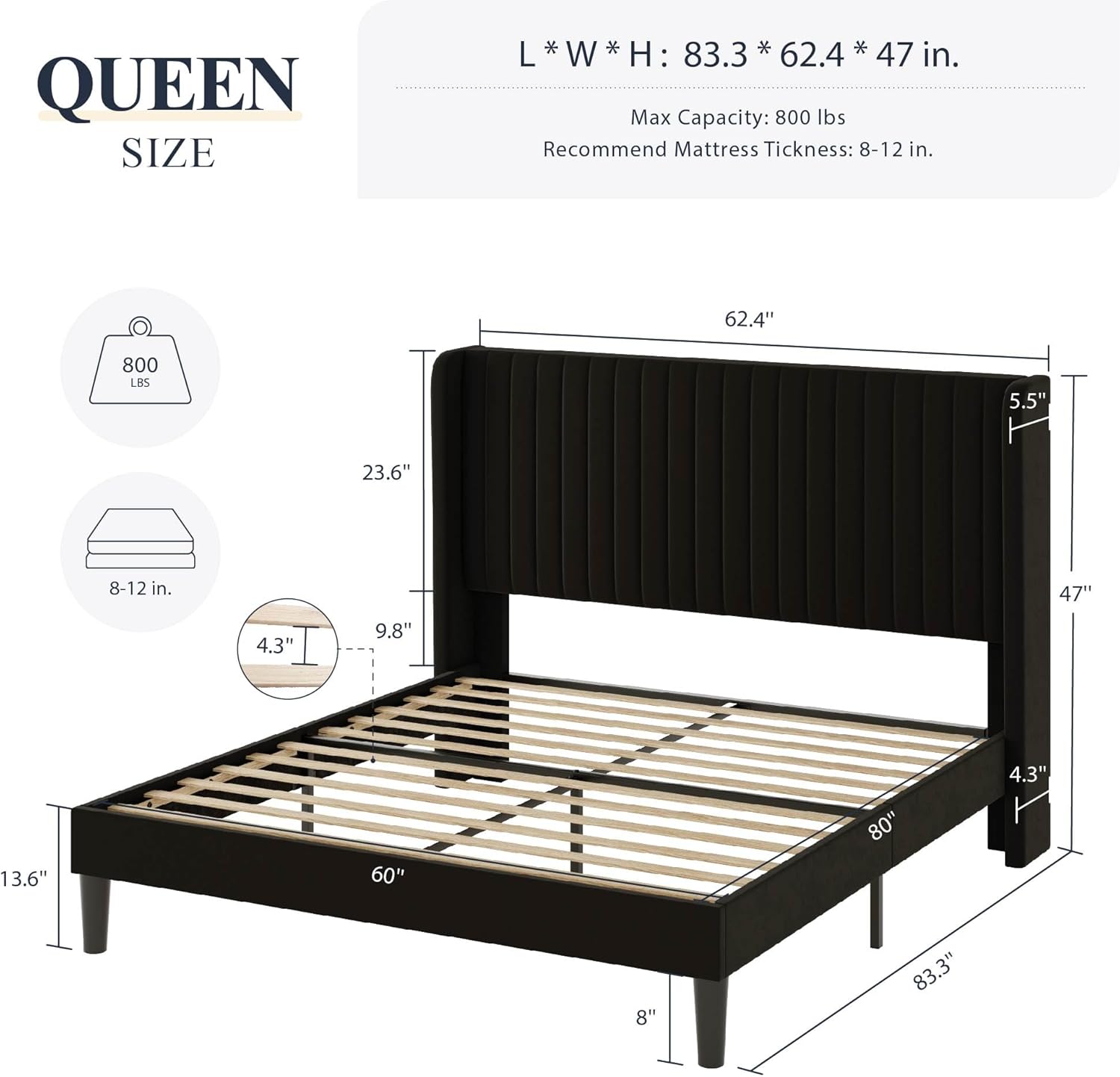 Allewie Full Size Velvet Bed Frame Vertical Channel Tufted Wingback Headboard Upholstered Bed wourant