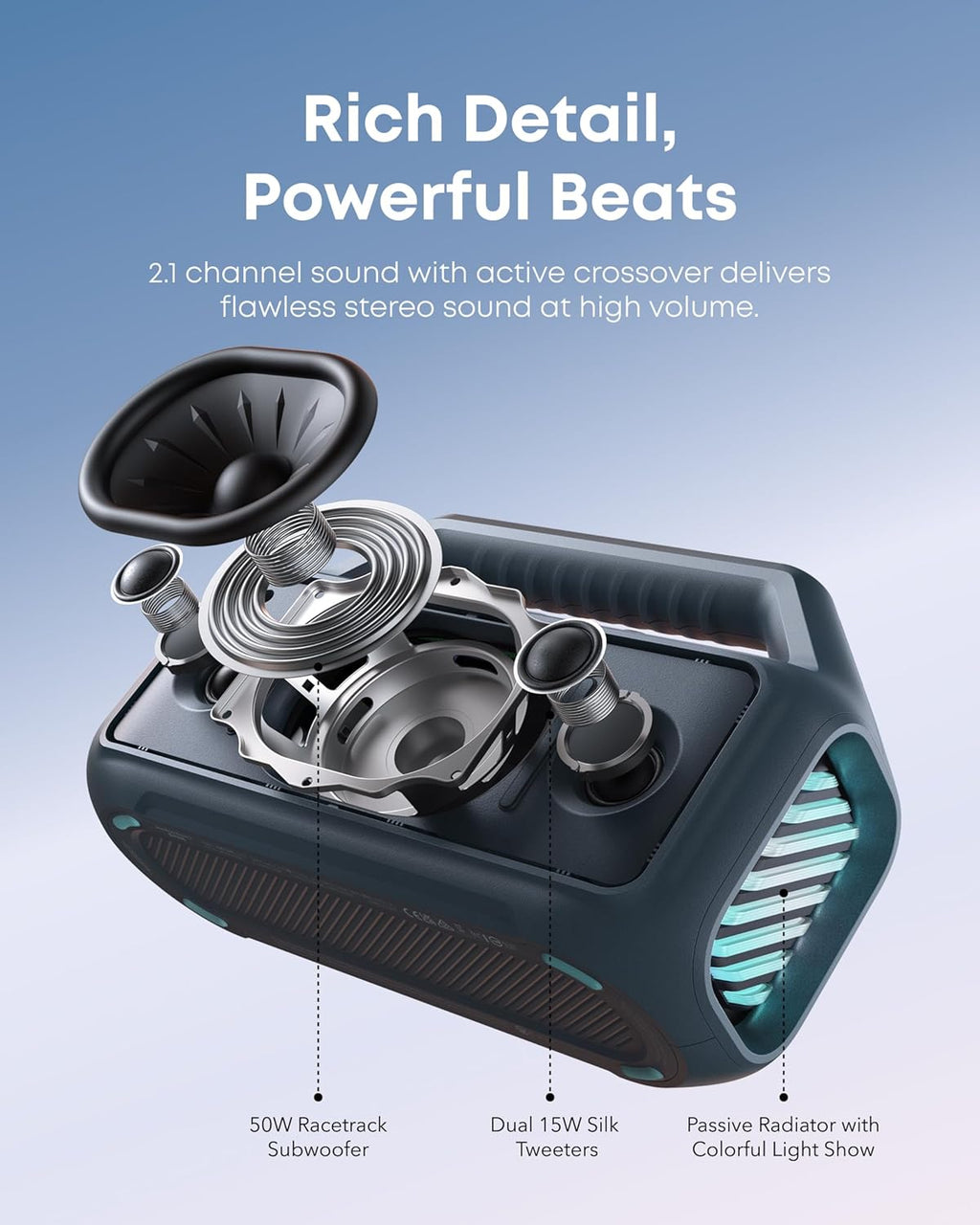 Outdoor Speaker, 80W, Subwoofer, BassUp 2.0, 24H Playtime, IPX7 Waterproof, Floatable, RGB Lights, USB-C, Custom EQ, Bluetooth 5.3, Portable for Camping, Beach, and Backyard wourant