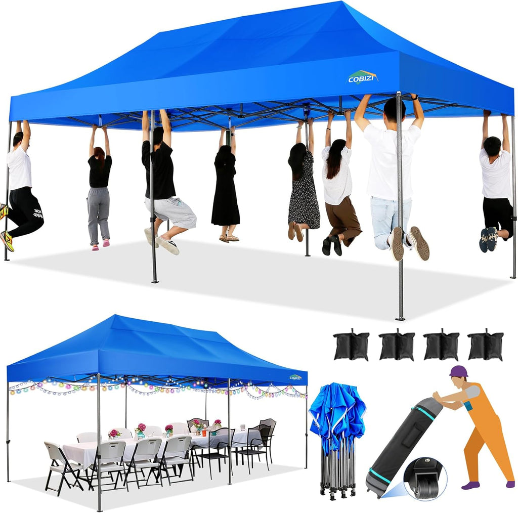 COBIZI 10x20 Heavy Duty Pop up Canopy Tent with 6 sidewalls Easy Up Commercial Outdoor Canopy Wedding Party Tents for Parties All Season Wind & Waterproof Gazebo with Roller Bag,Black(Frame Thickened) wourant