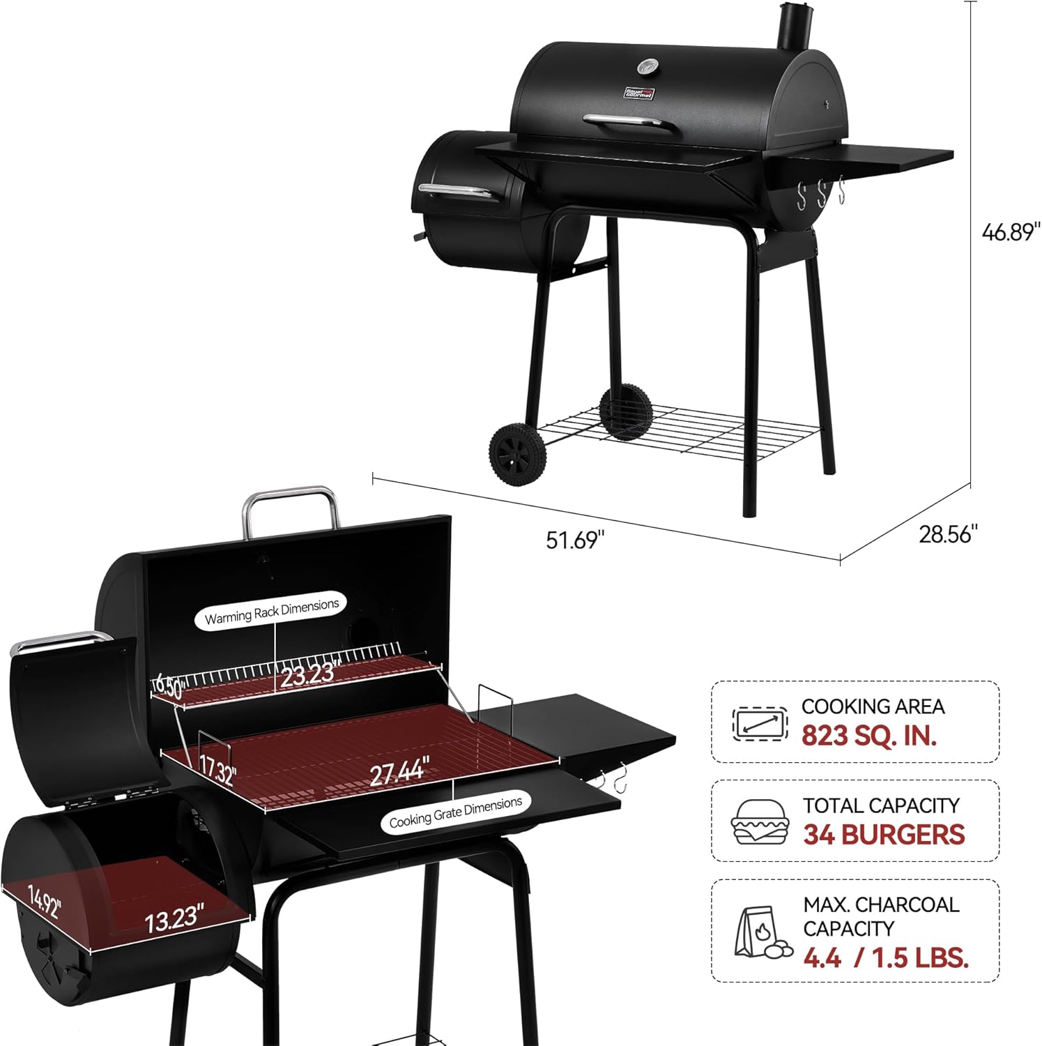 Royal Gourmet CC1830S BBQ Charcoal Grill and Offset Smoker 823 Square Inch cooking surface wourant