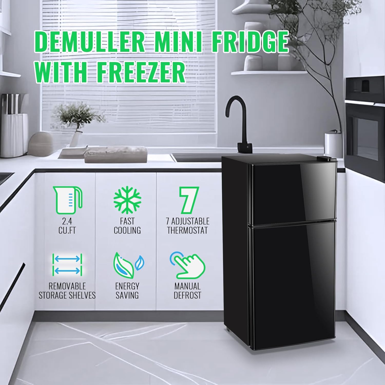 2.4 Cu.Ft Mini Fridge with Freezer & Double Door Small Tiny Size Refrigerator with 7 Temperature Control Knob Only Suitable for One Person Use Black wourant